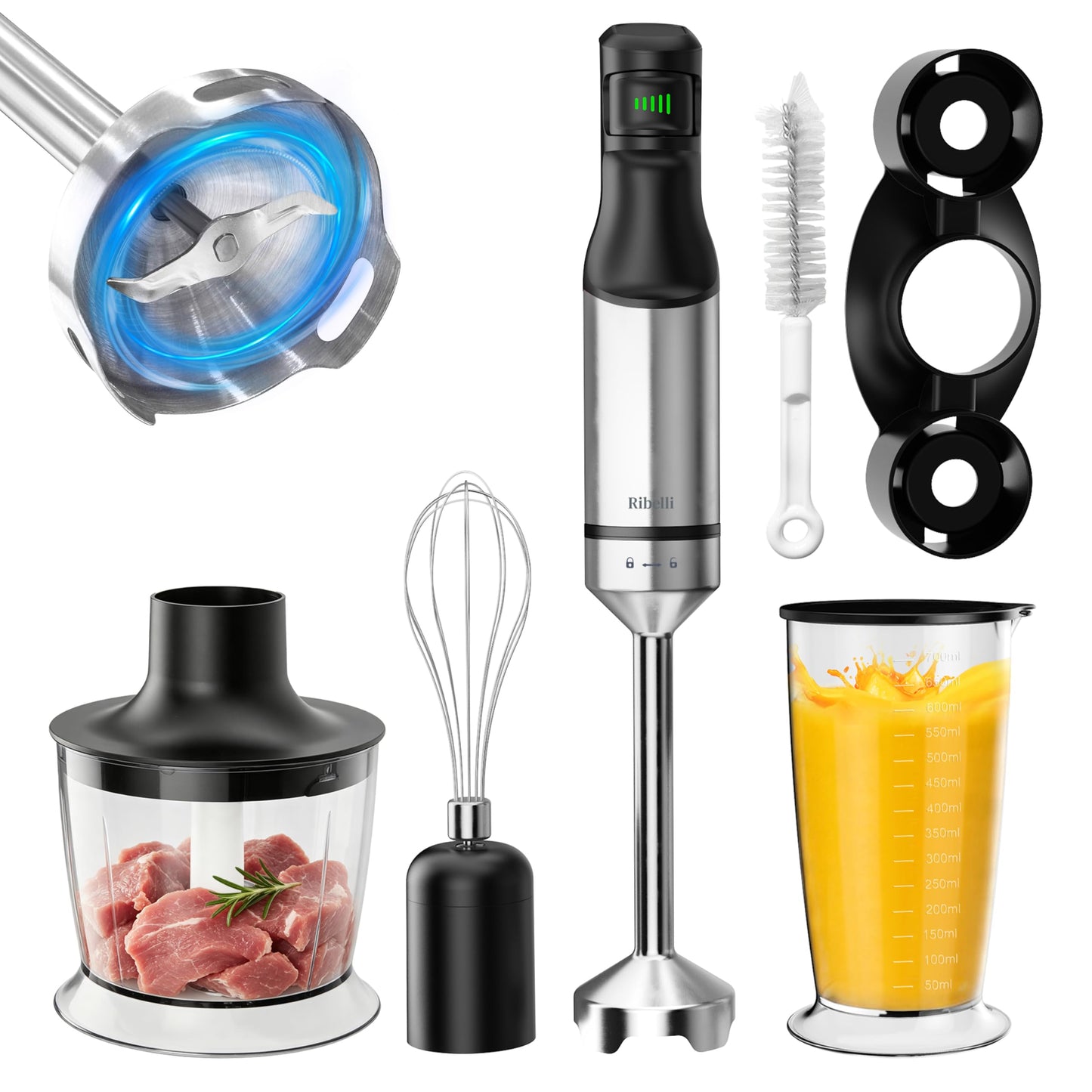 Stabmixer Set mit Zerkleinerer & Schneebesen, Silber