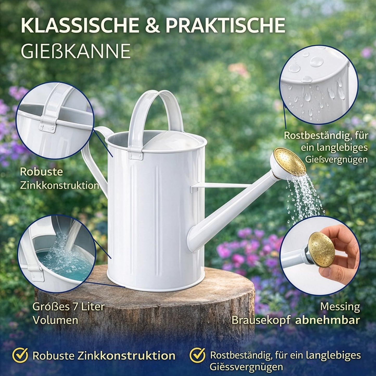 Zinkgiesskanne mit Giessbrause (10 L), Weiss Messing 7 Liter