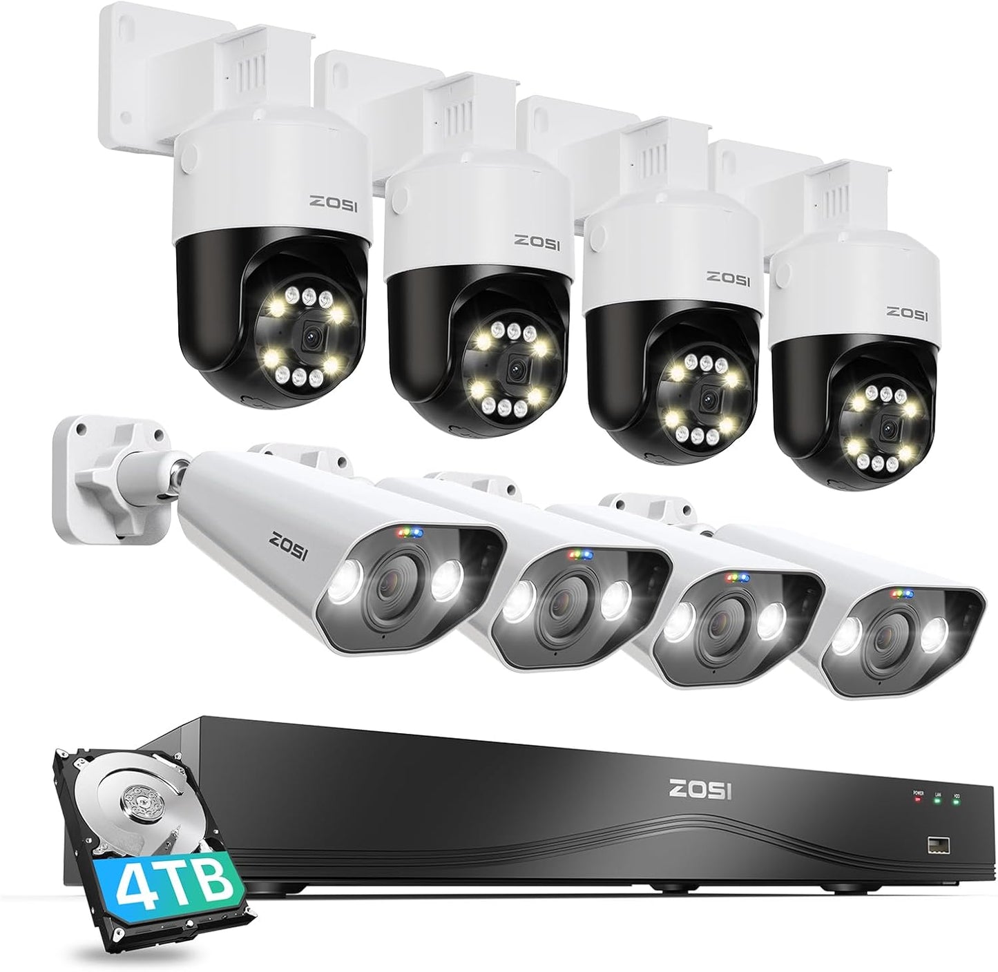 4K Überwachungskamera-Set mit KI-Erkennung, 8MP 4 Dome X 4 Bullet ; Weiss
