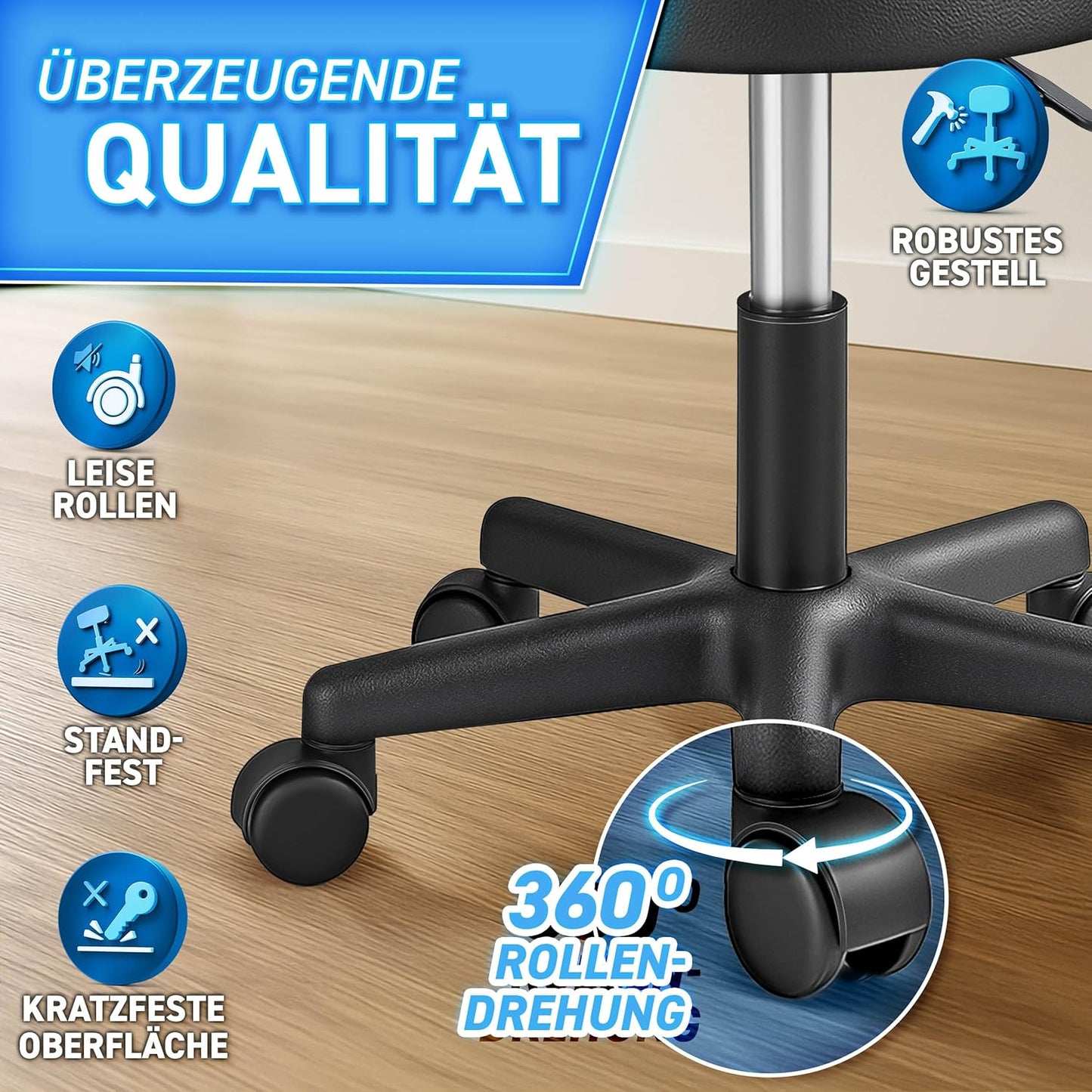 Höhenverstellbarer Rollhocker, Schwarz Matt