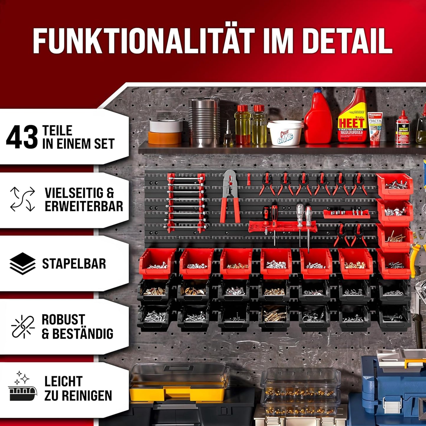 Werkzeugregal mit Stapelboxen & Halter, 43-tlg., Stapelboxen+Werkzeughalter 43 tlg.