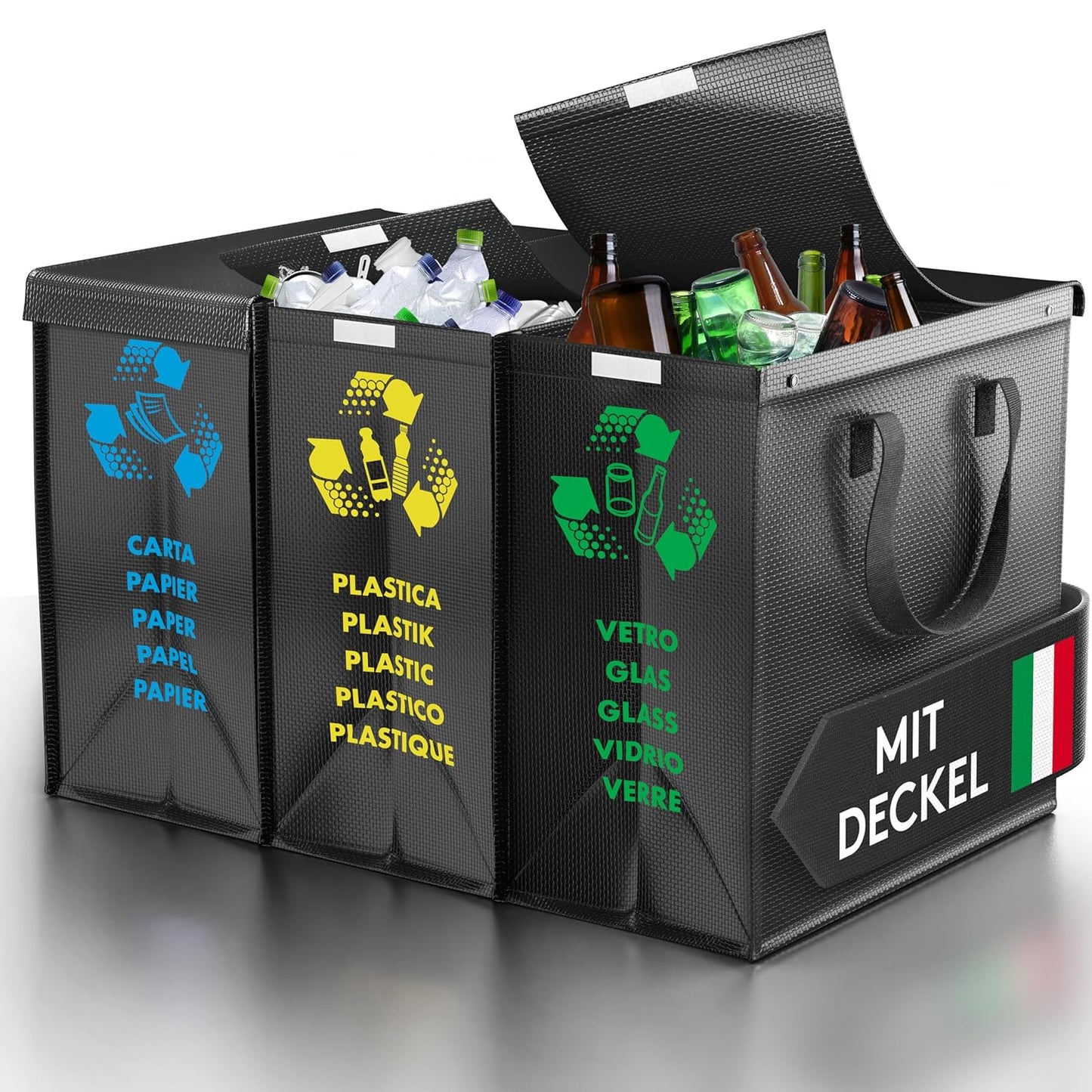 Black Edition Mülltrennsystem für Papier, Glas und Plastik, Black Edition Medio + Deckel