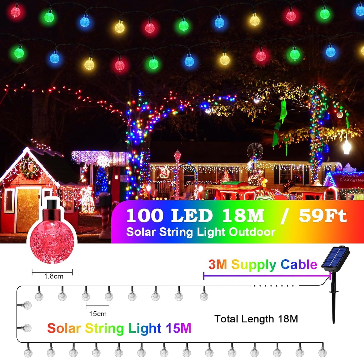 Solarbetriebene LED-Lichterkette, Bunt 100LED 15+3M