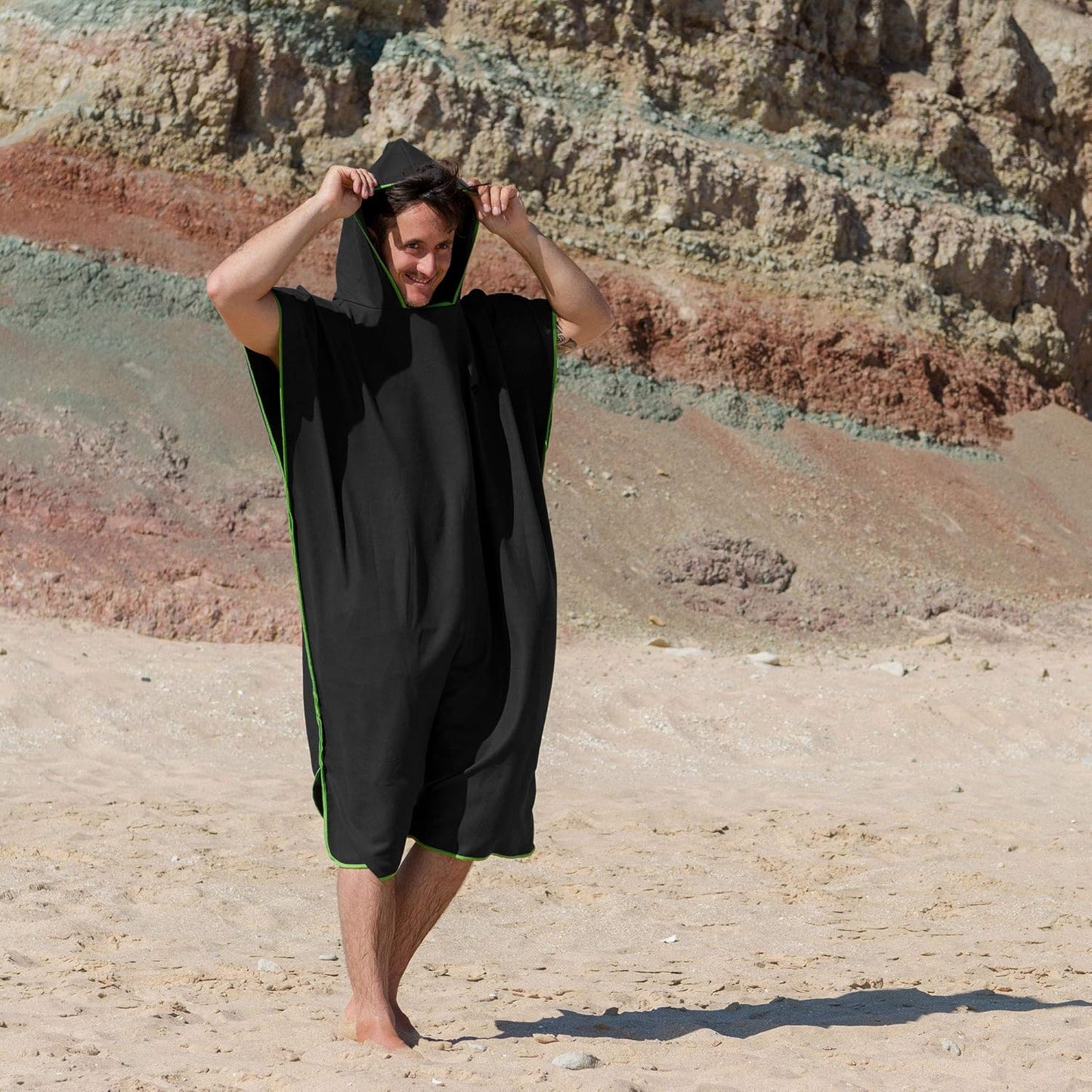 Badeponcho mit Kapuze, schnelltrocknend, 01-Medium 14 - Schwarz - Grün