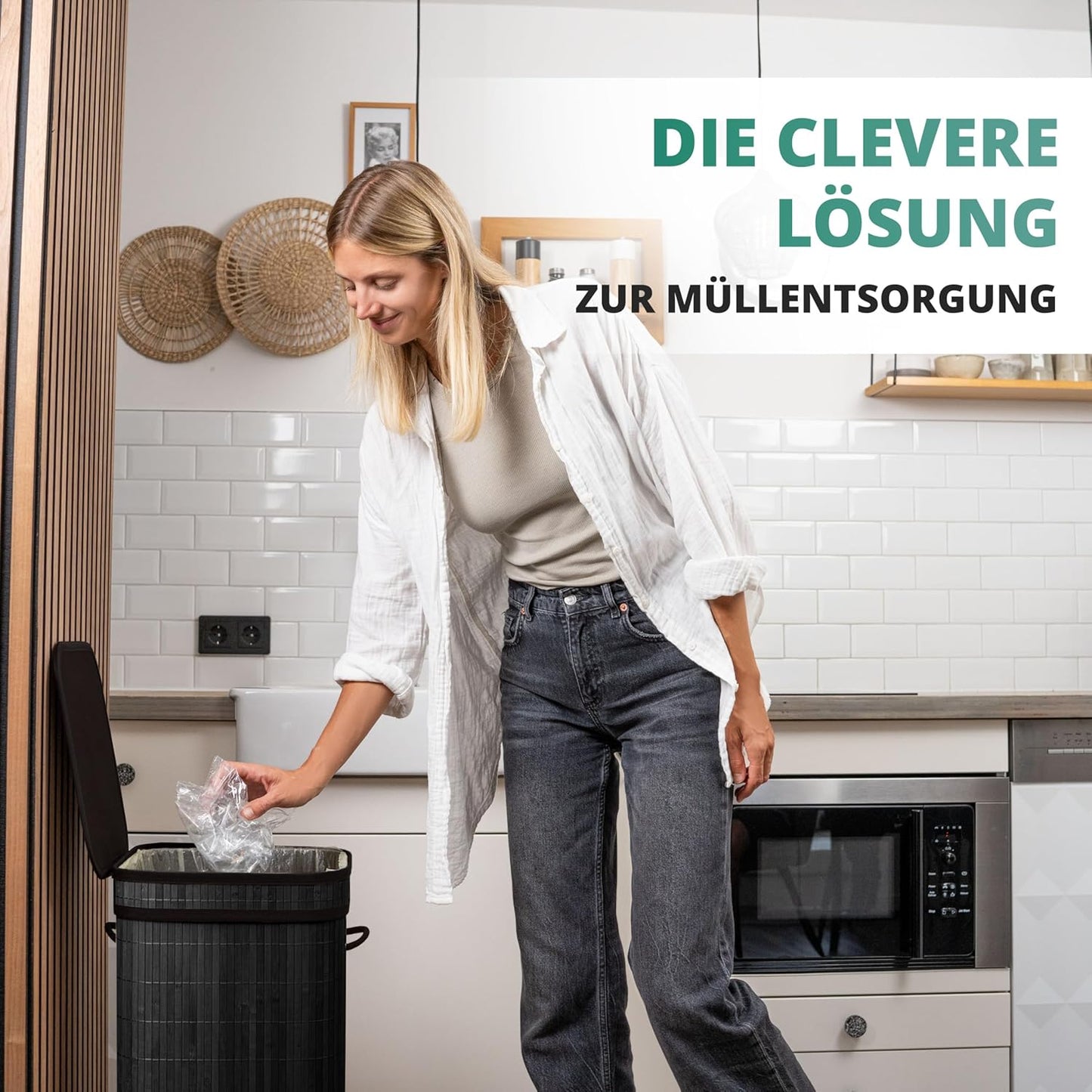 Müllsackständer mit Deckel, Bambus / Schwarz