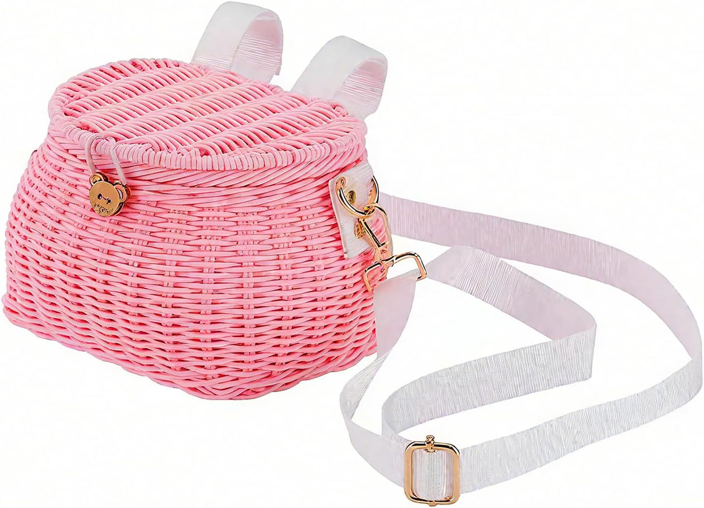 Abnehmbarer Kinderfahrradkorb, Rattan-Design, Rosa