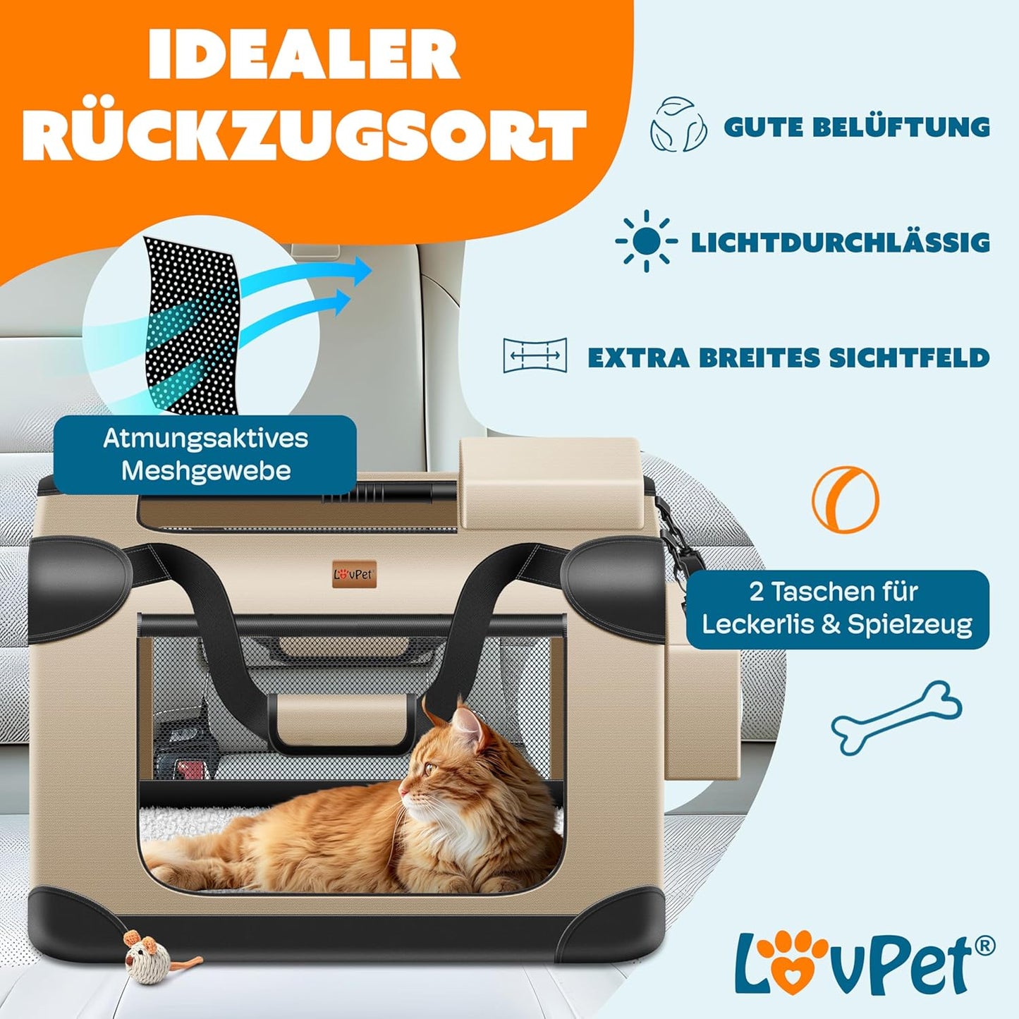 Faltbare Tiertransporttasche mit Napf & Gurt, XXL / Beige