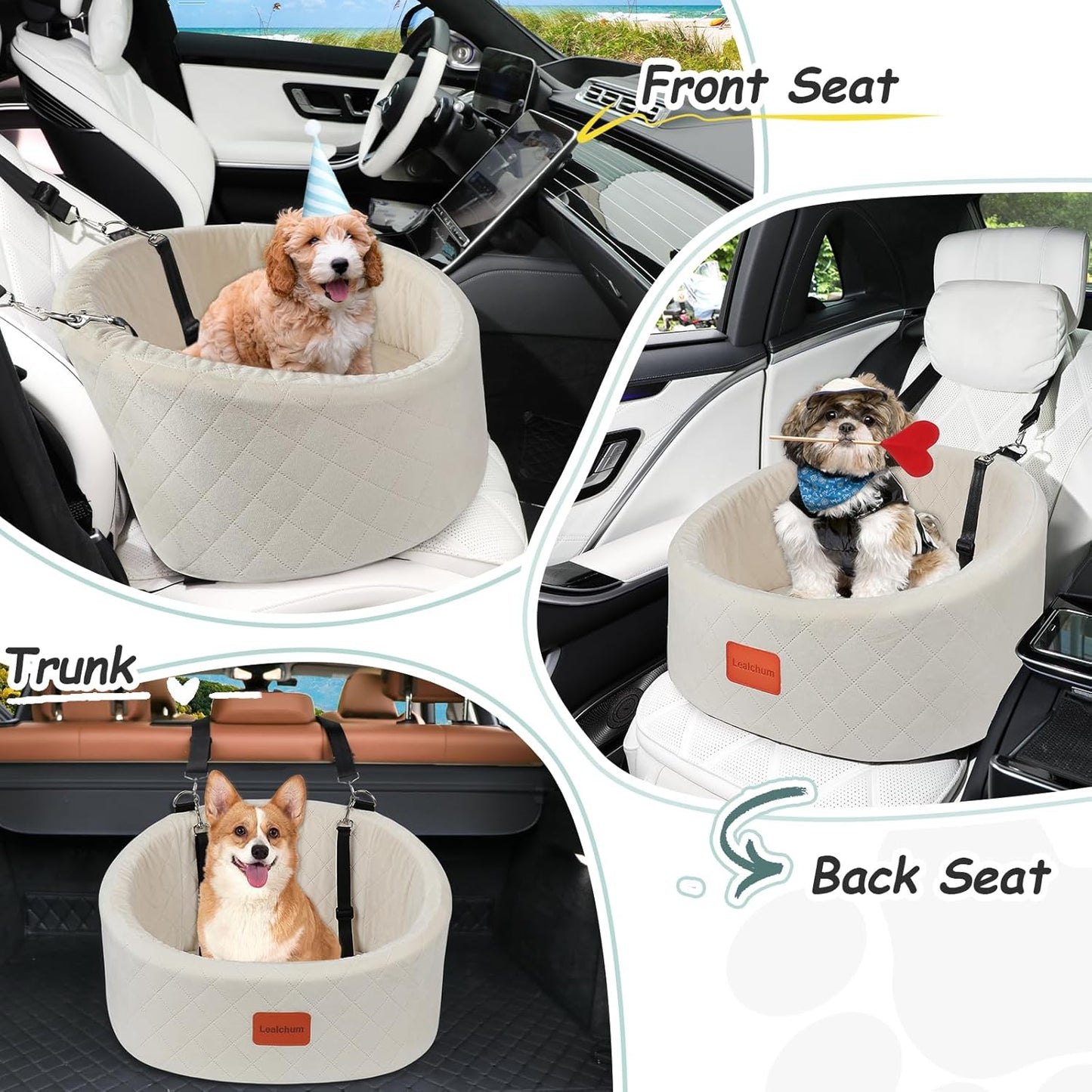 Bequemer Hunde-Autositz mit Sicherheitsleine, Beige Small