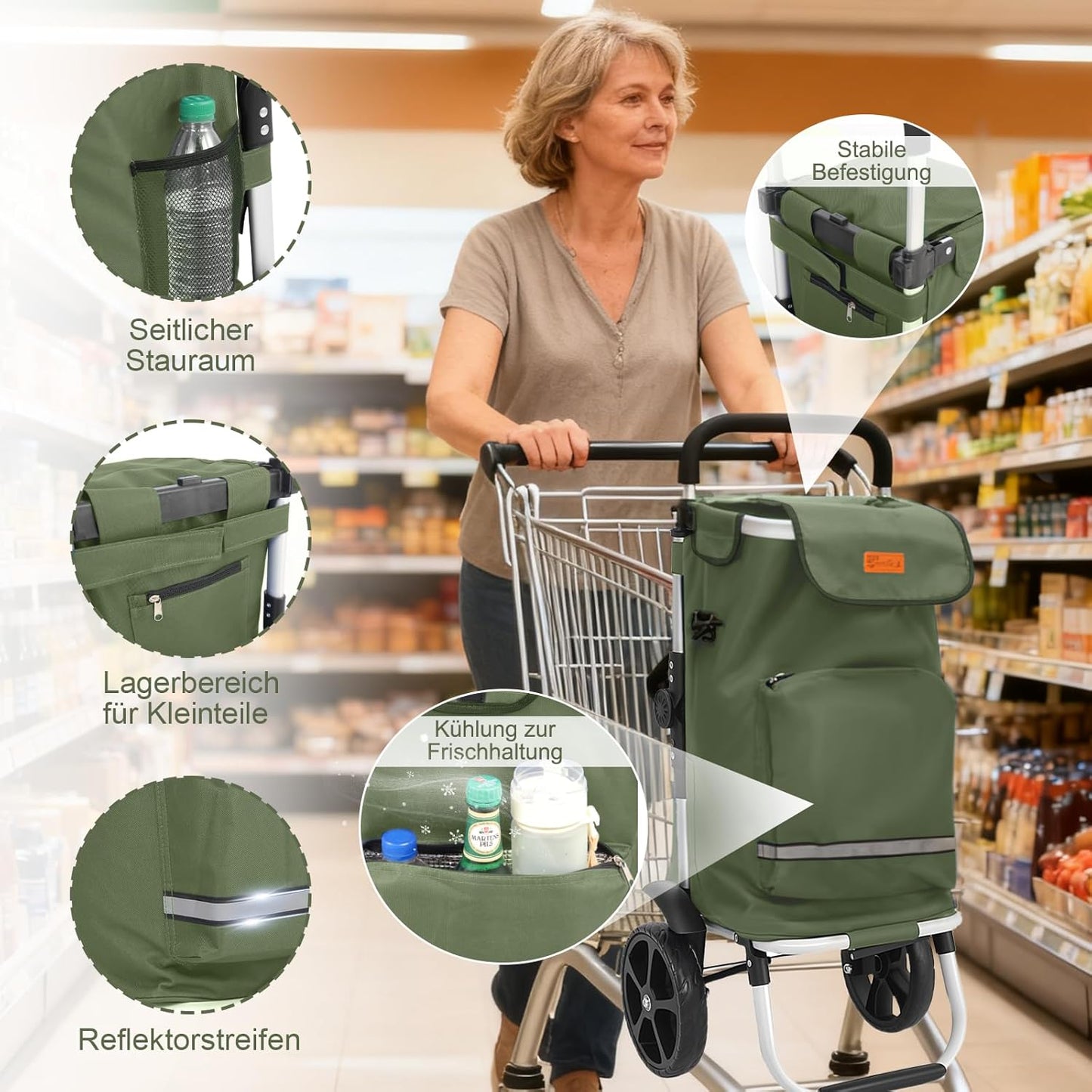 3in1 Einkaufstrolley, klappbar, mit Kühlfach, Olivgrün