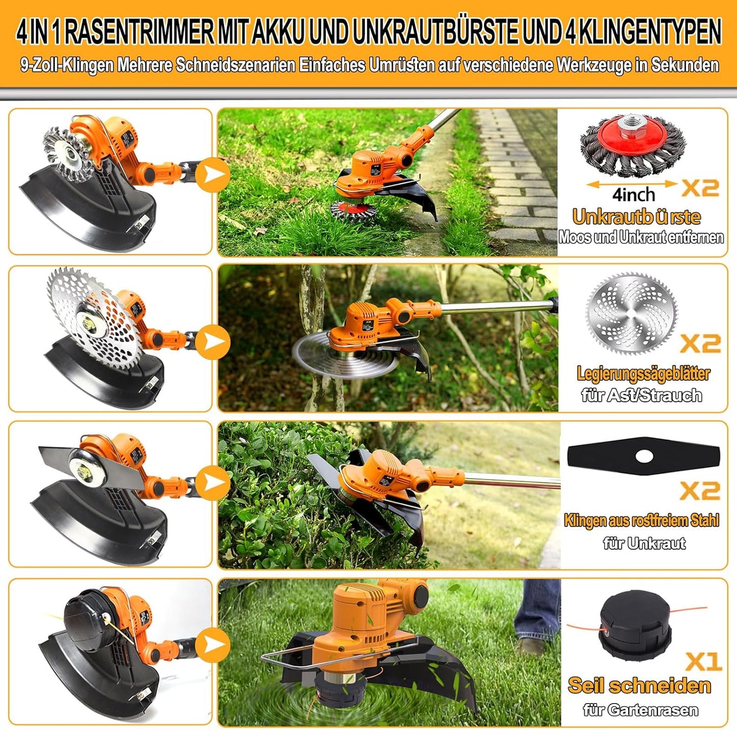 4-in-1 Akku-Rasentrimmer mit Unkrautbürste, orange