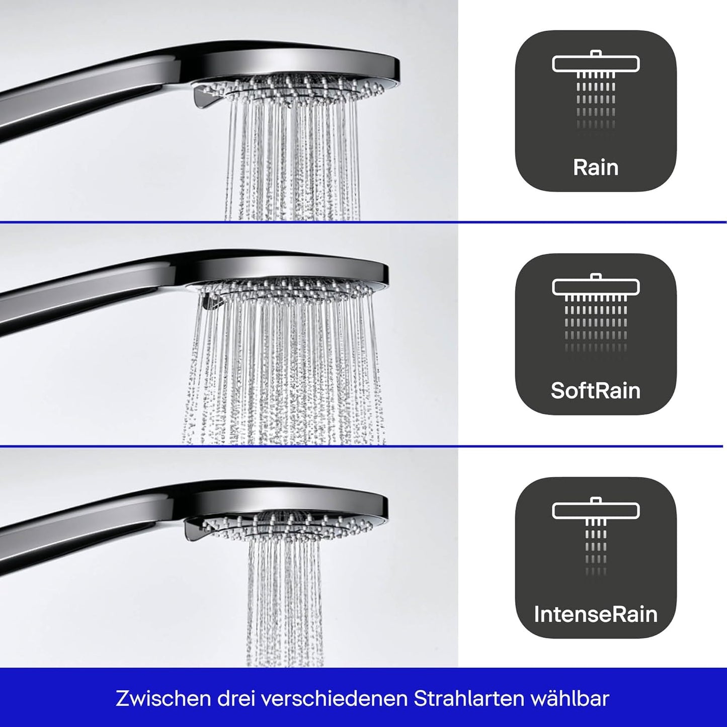 Wassersparender Duschkopf mit 3 Strahlarten, Schwarz Matt 3 Strahlarten-Drehscheibenbedienung-Wassersparend