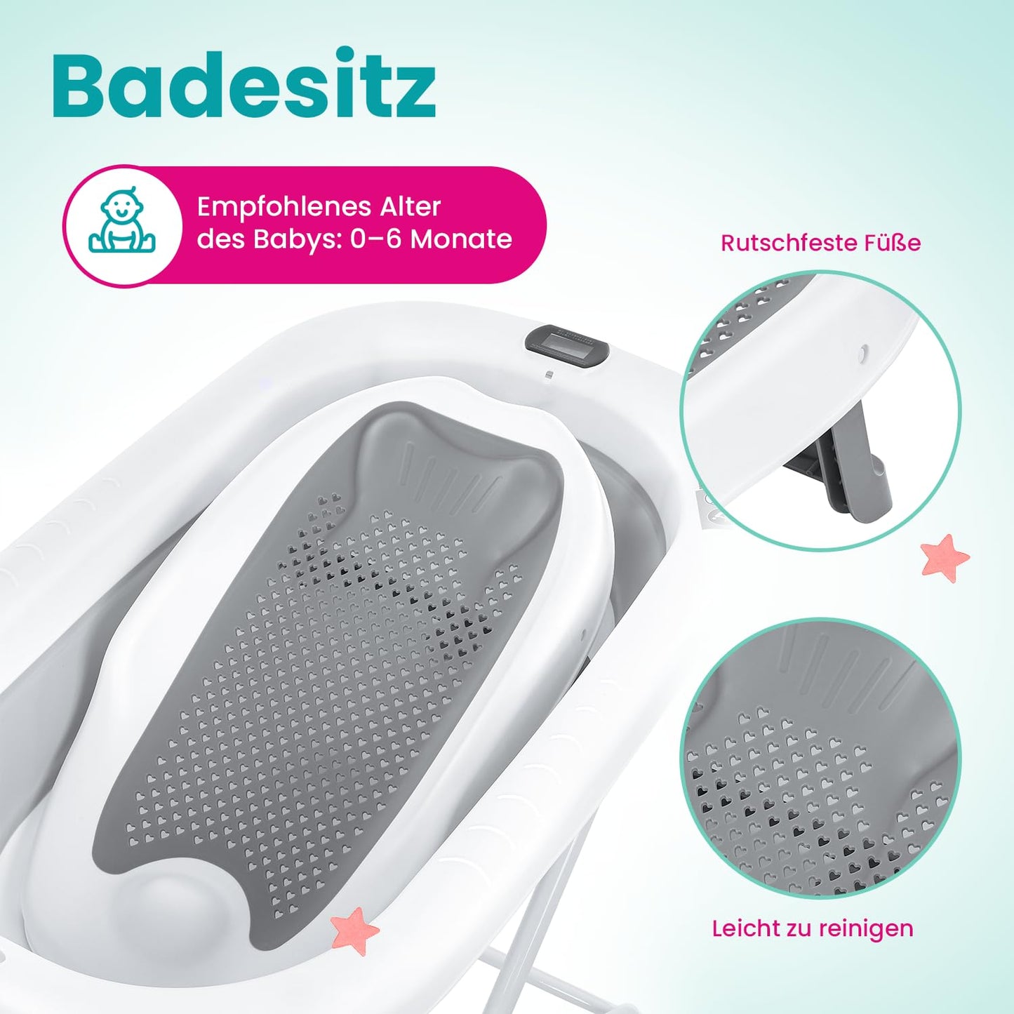 Faltbare Babybadewanne mit Badesitz und Thermometer, Milo Grau (Badesitz, Thermometer) Faltbare Babybadewanne mit Gestell