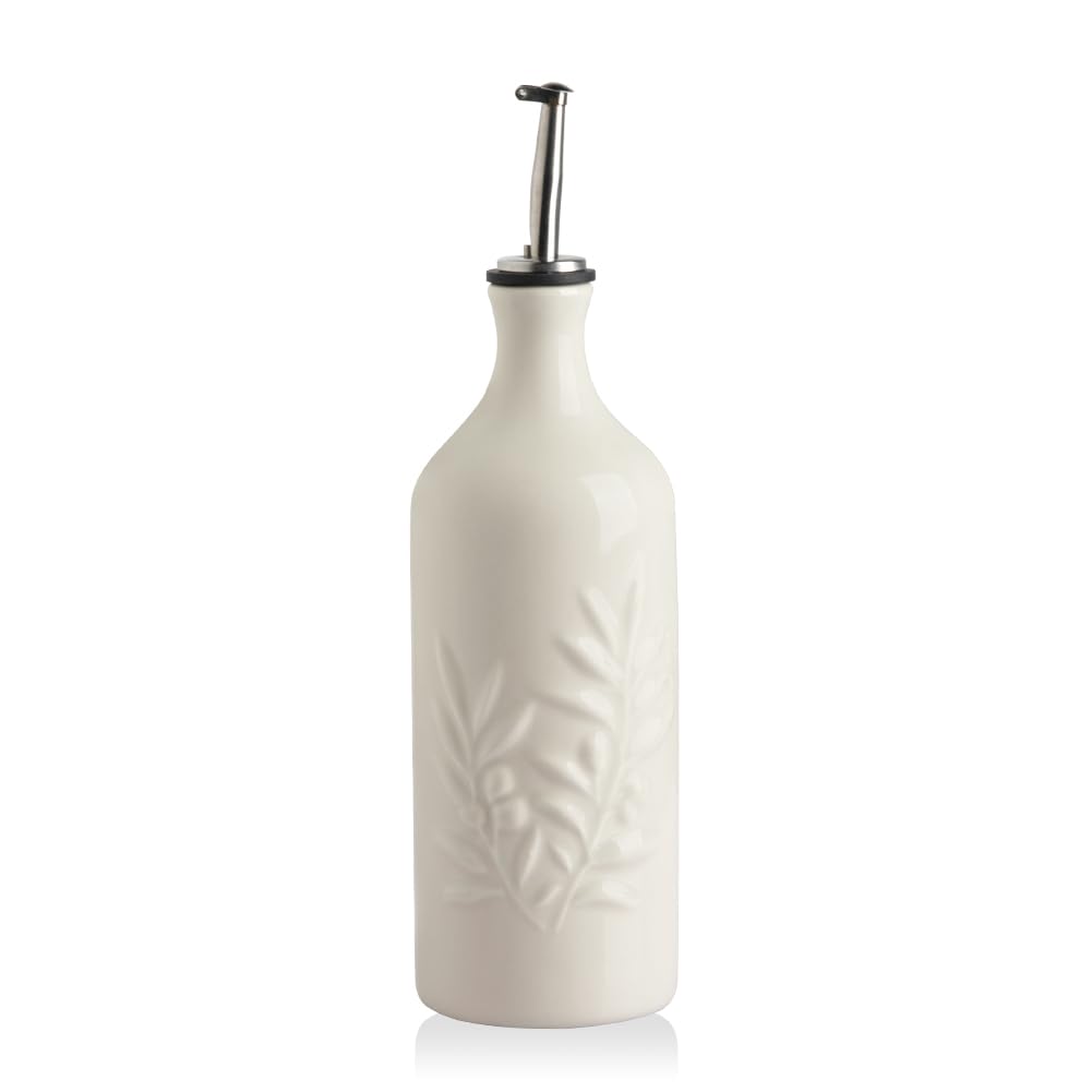 Keramische Olivenölspenderflasche (570ml), Beige Olivenblatt Relief 570ml