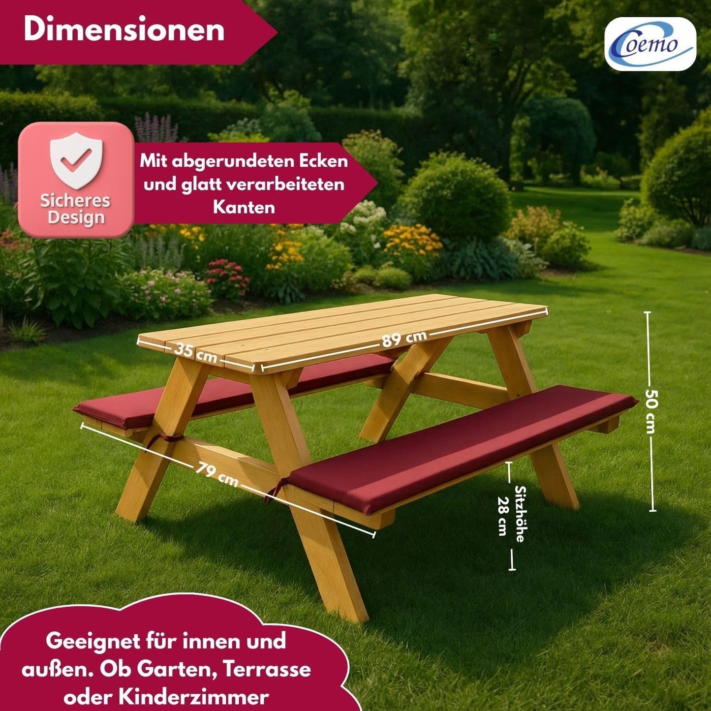 Robuste Kinder-Sitzgarnitur für Garten & Balkon, 89x79x50cm Natur