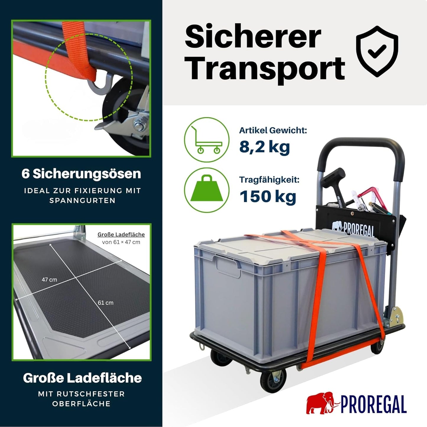 Klappbarer Plattformwagen mit Werkzeugtasche, Traglast 150kg - Vollgummibereifung Schwarz