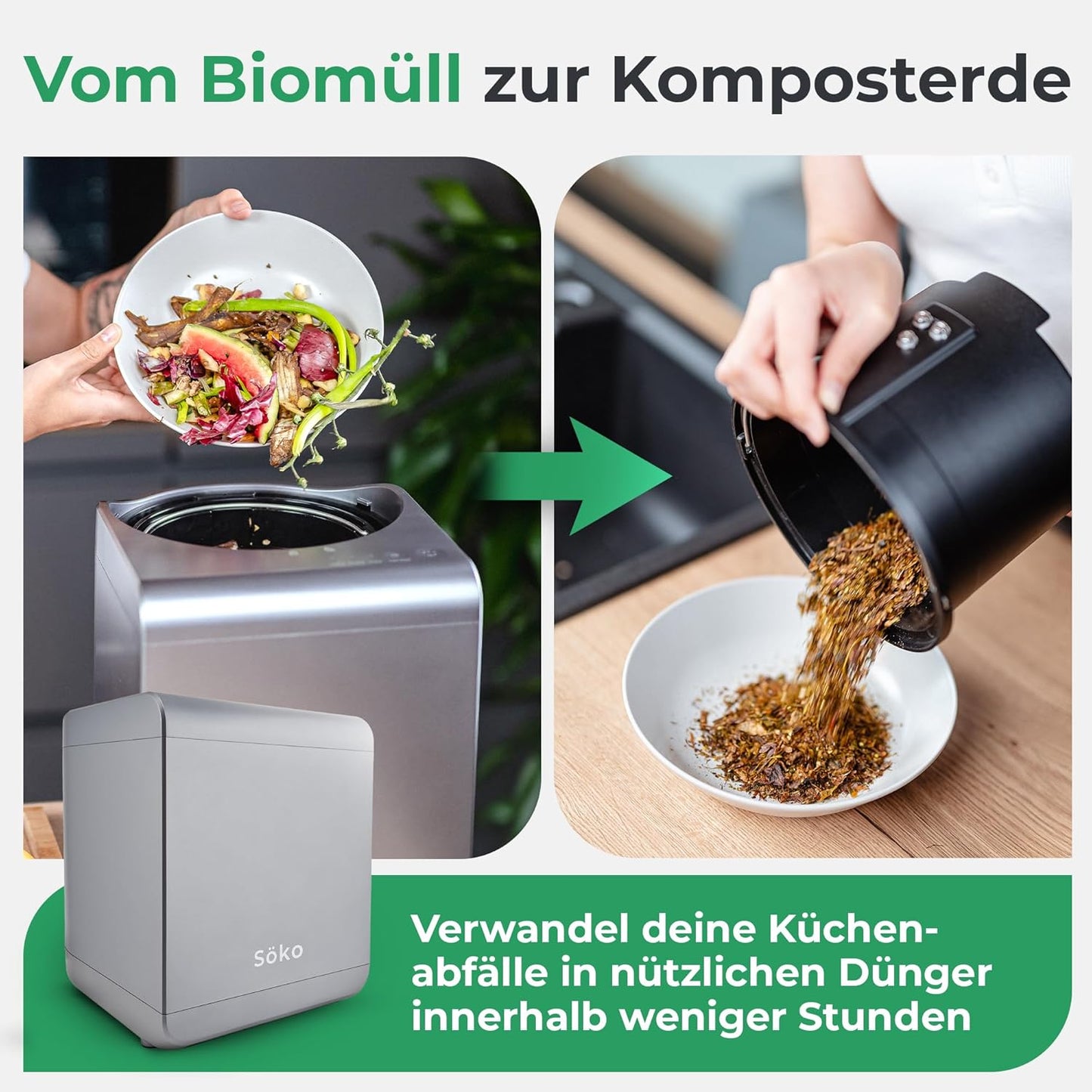 Elektrischer Schnellkomposter mit Aktivkohle-Filtern, Grau Mit Fensterdeckel