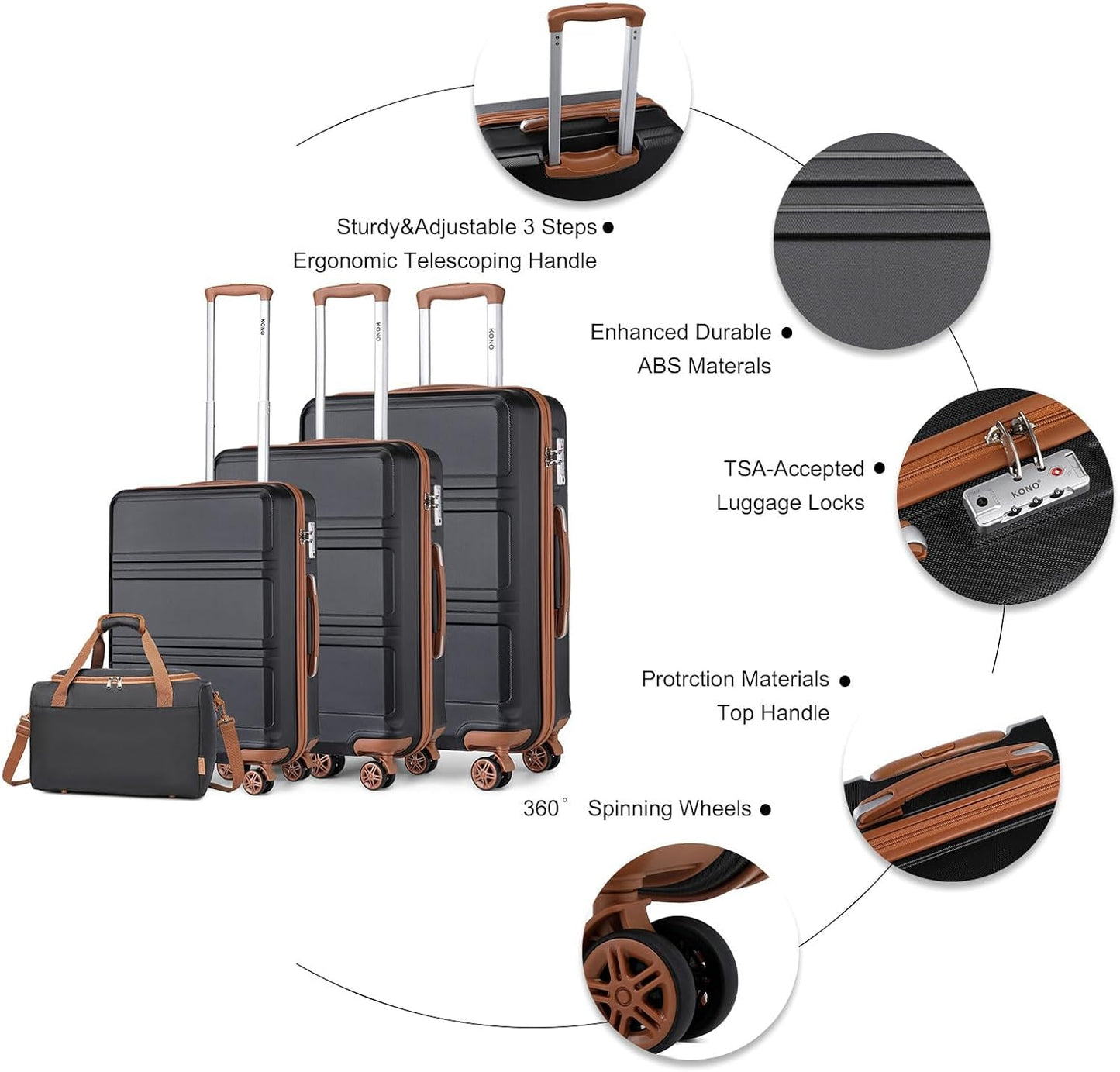 4-teiliges Hartschalen-Kofferset, Schwarz/Braun 4 Teilig Gepäck-Sets