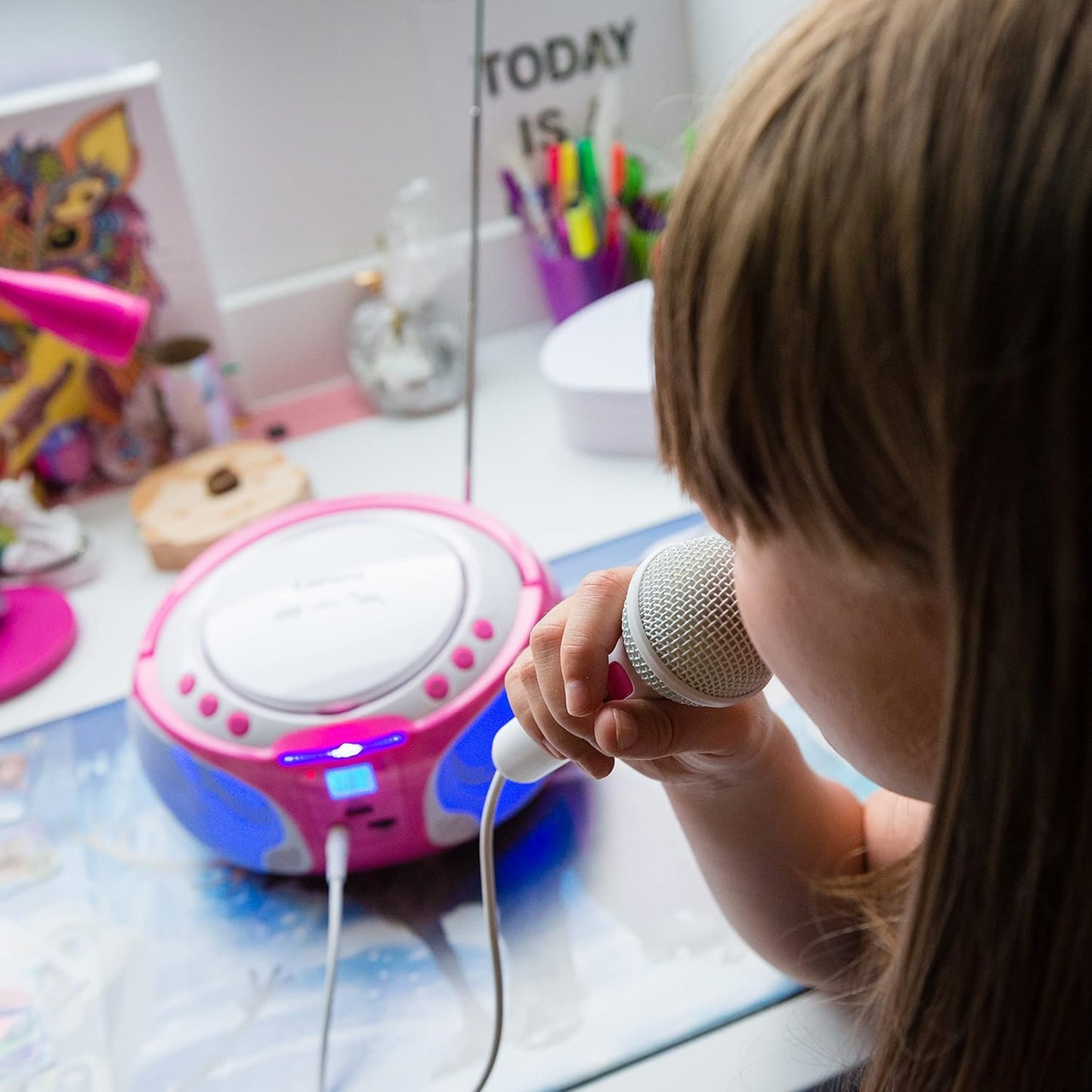 Tragbare Kinder-Boombox mit Karaoke-Funktion, mit Karaoke pink SCD-650 mit Mikrofon