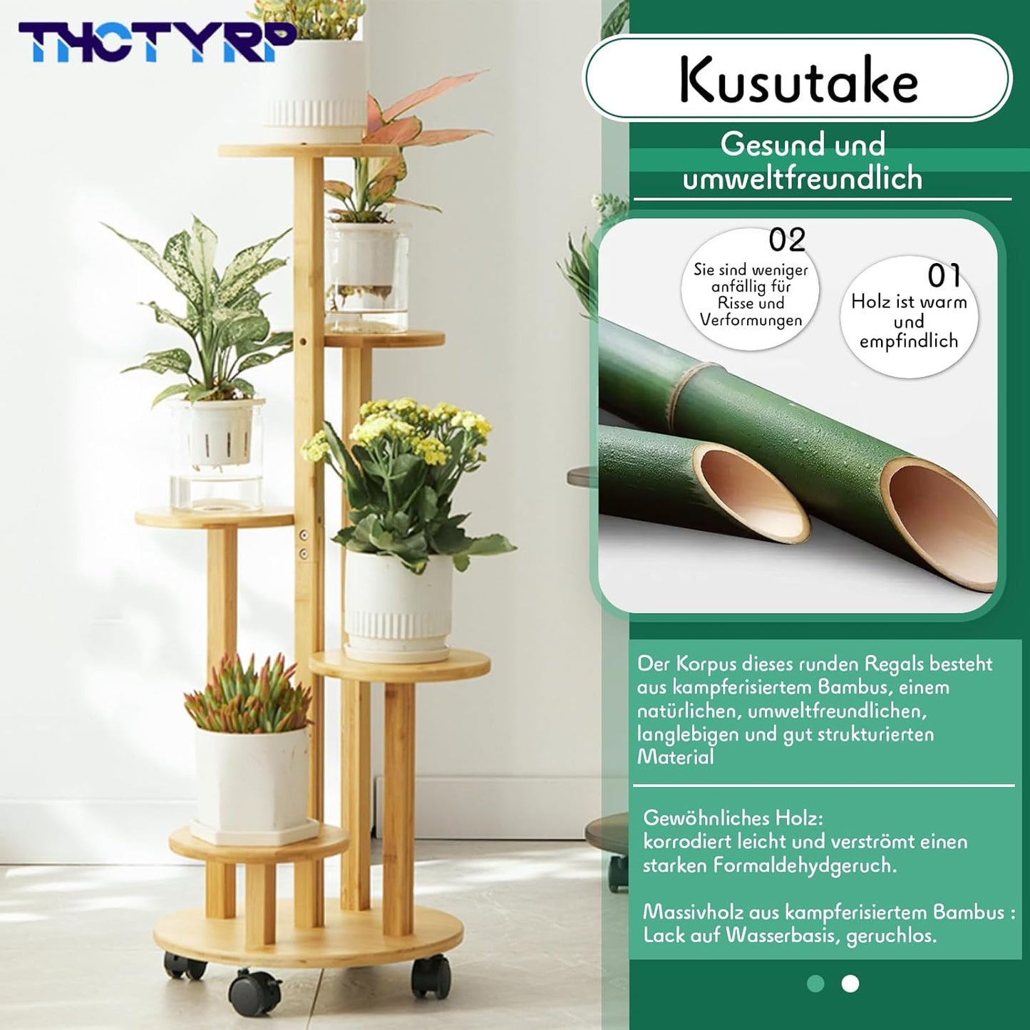 5-stöckiger Blumenständer mit Rädern, fünfter Stock Holzfarbe