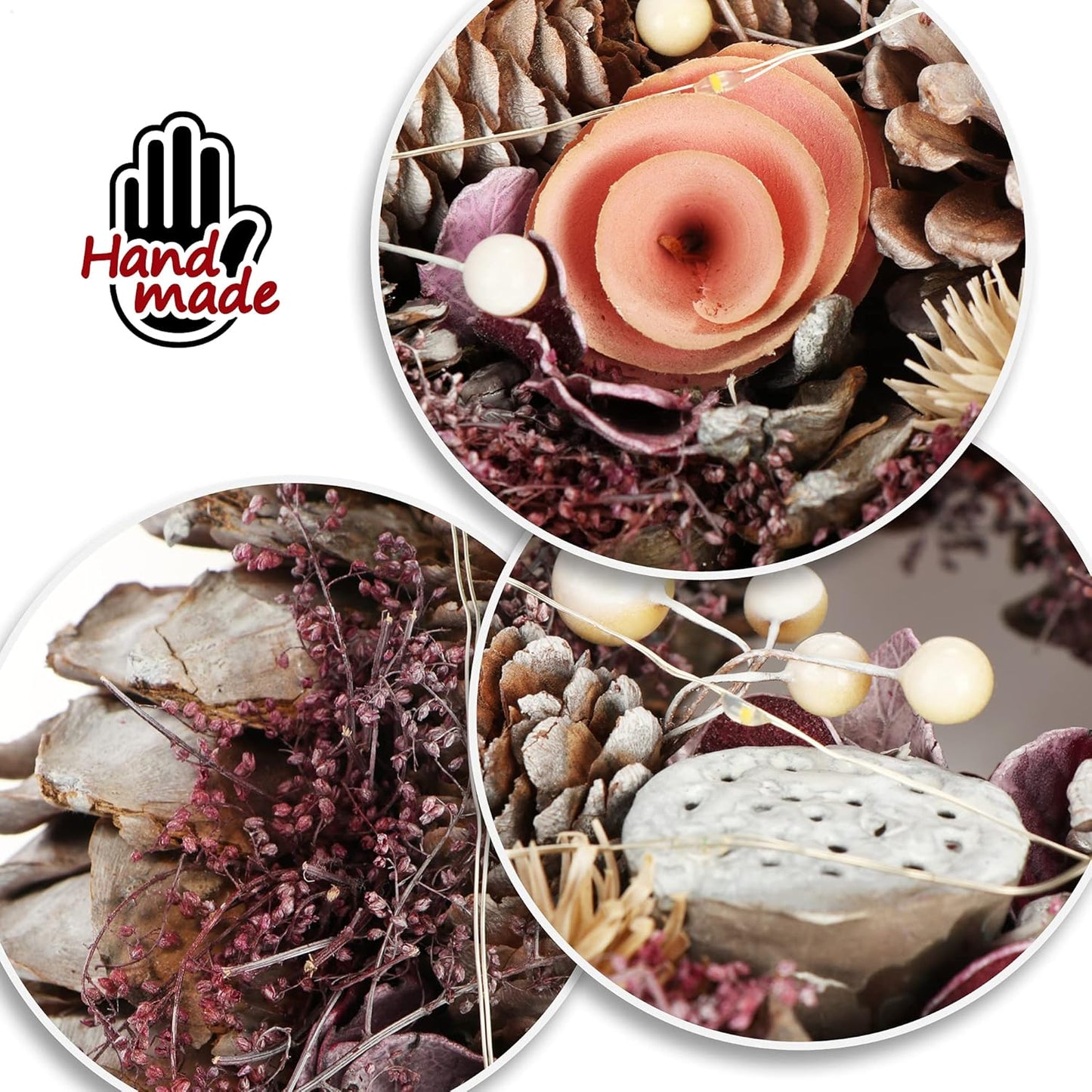 Weihnachtskranz mit warmweissen LEDs und Timer, Grösse 2 - L Led - Zapfen + Blüten - Rosa + Lila