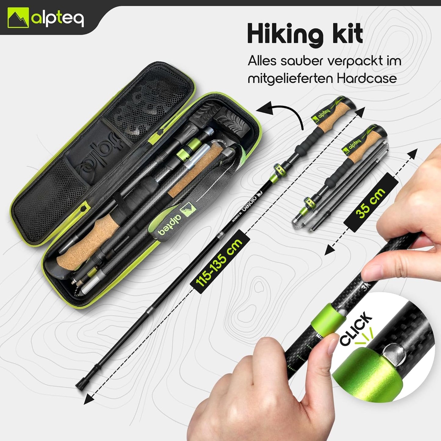 Faltbare Trekkingstöcke, Carbon 115-135 cm | Lime Green