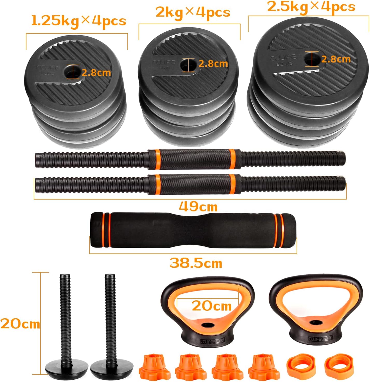 Hanteln Set: Kurzhanteln und Langhanteln, Orange-25kg