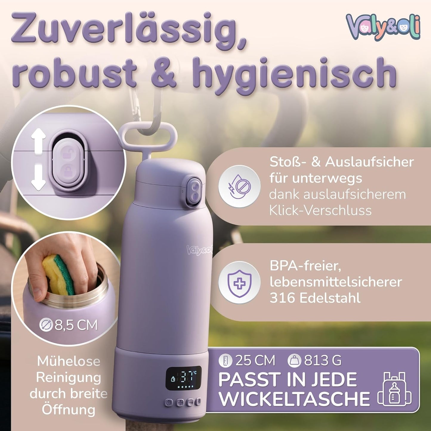 Tragbarer Babyflaschenwärmer mit Akku 16.000mAh, Lavendel-Lila