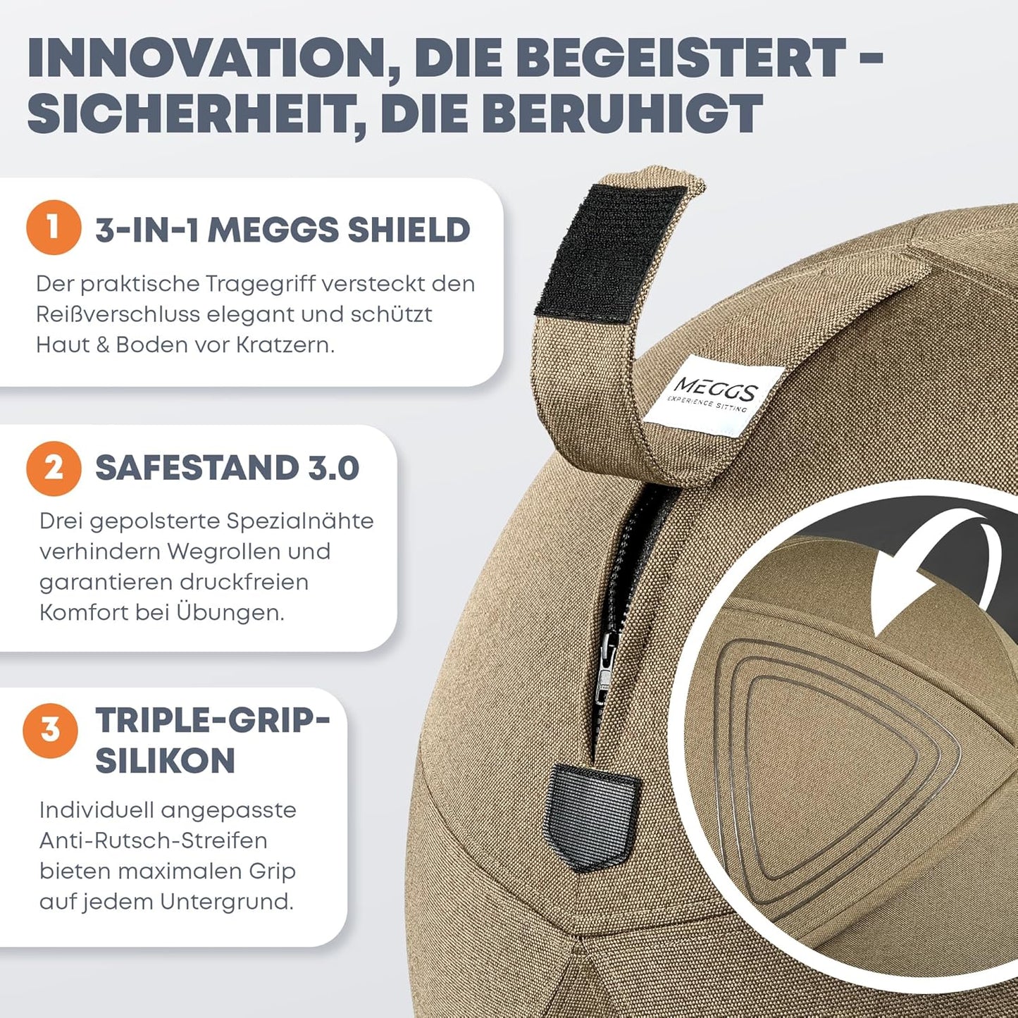 Ergonomischer Sitzball mit Stoffbezug, Cappuccino-braun 65 cm