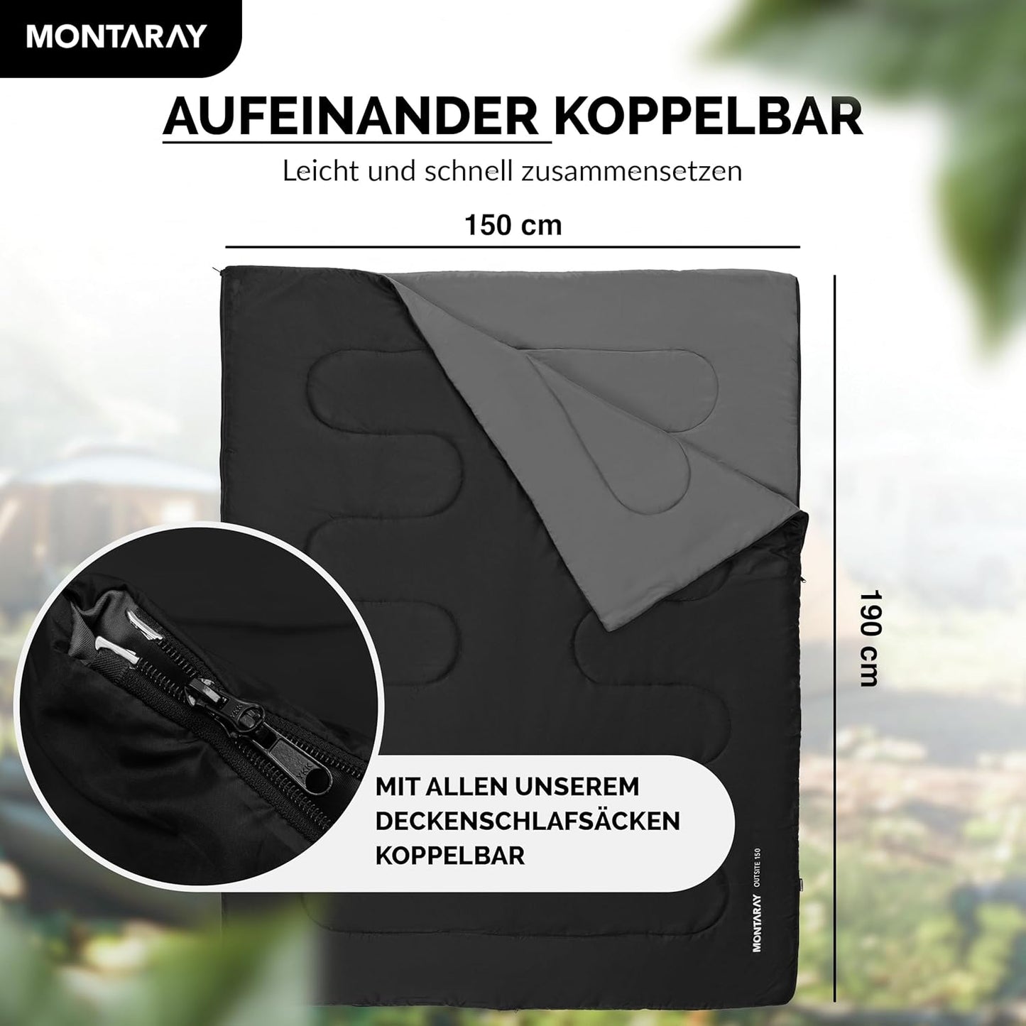 Deckenschlafsack mit Kissen, Schwarz 150GSM, ohne Kapuze