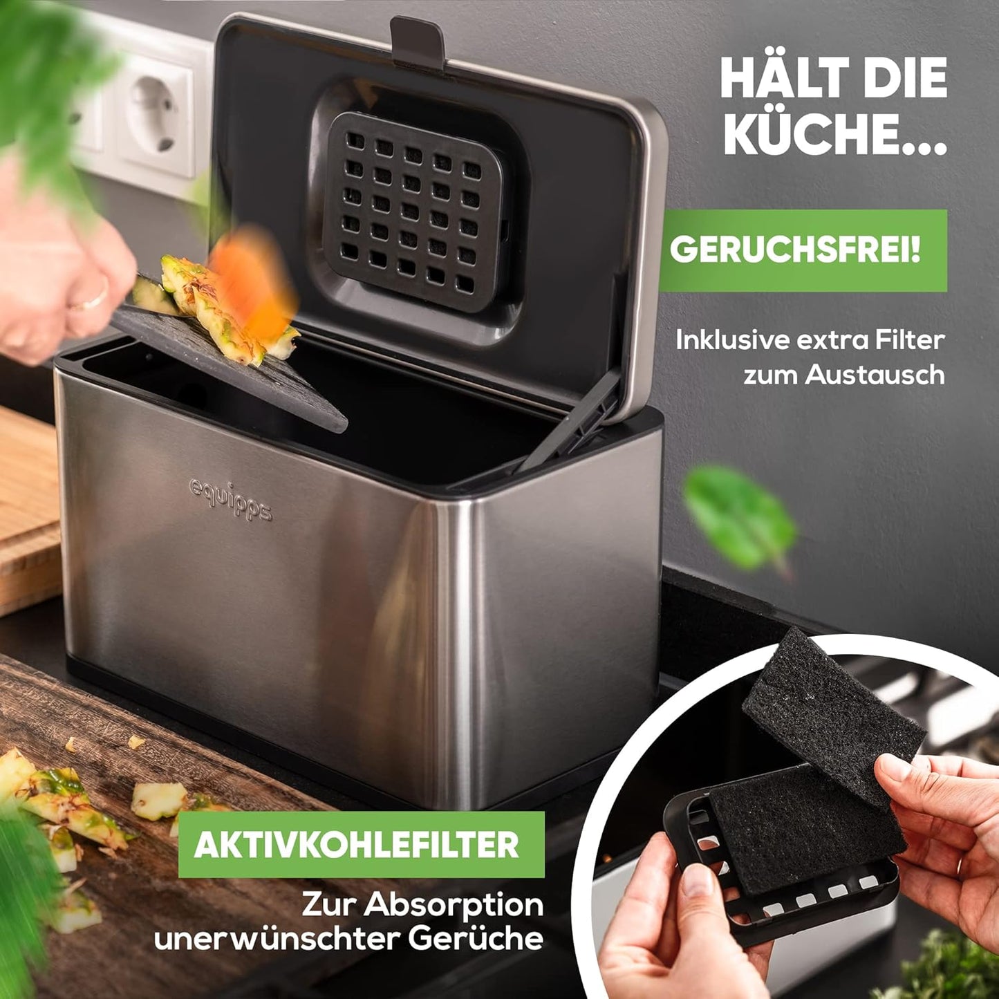 Komposteimer mit Geruchsfilter, 3L, Silber