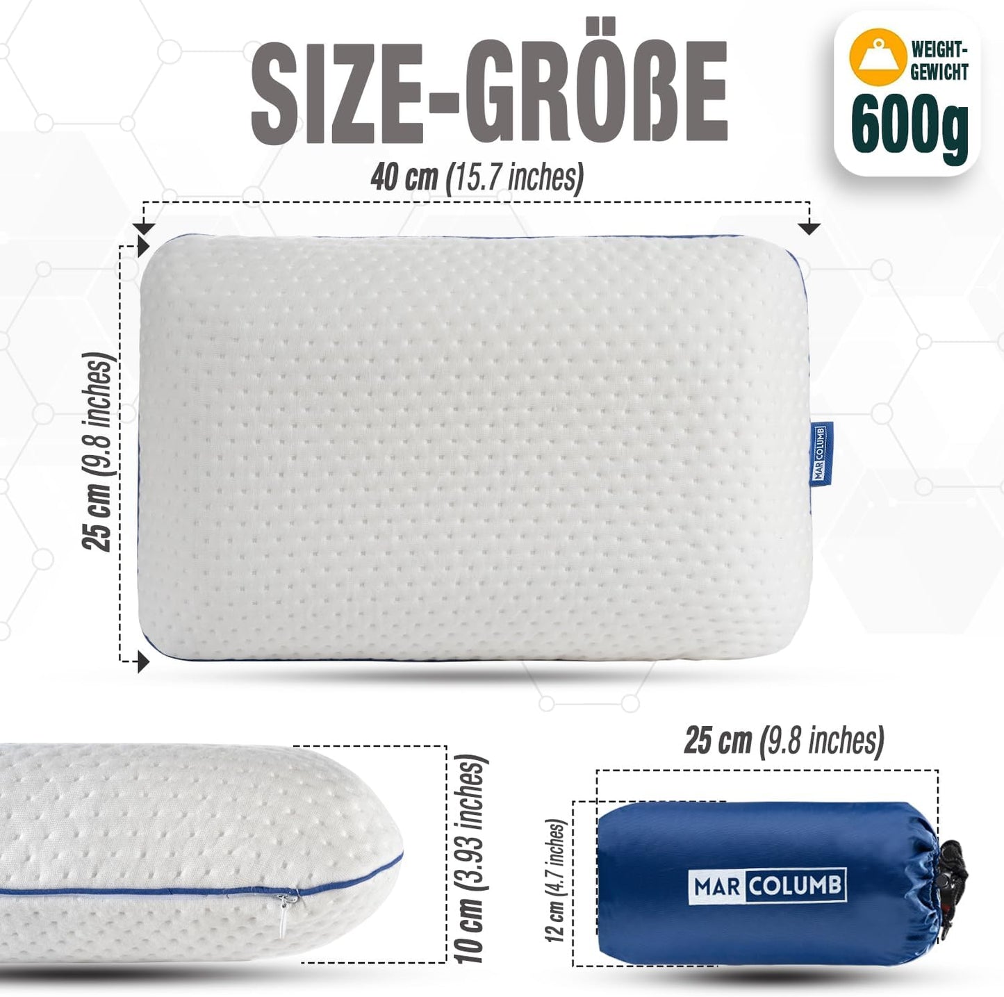 Ergonomisches Memory-Schaum-Reisekissen mit Bezug, Weiss 40x25x10 cm