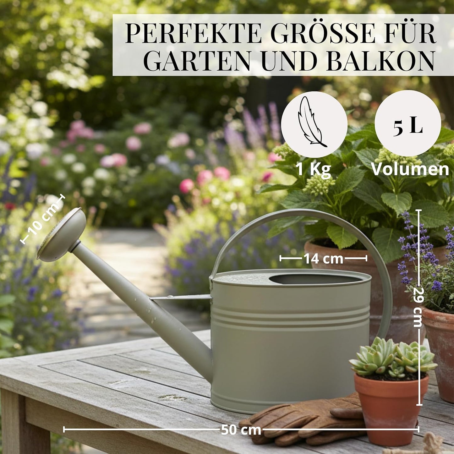 Giesskanne aus Metall mit abnehmbarer Brause (5L), Moosgrau