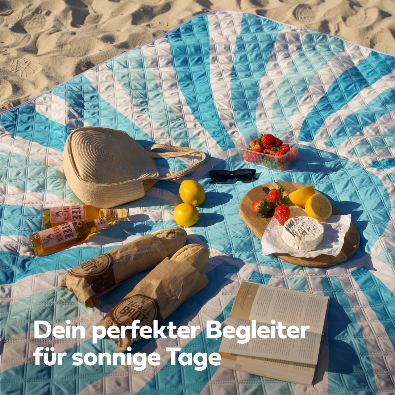 Extra grosse, wasserabweisende Picknickdecke, 200x200 cm, Sonne Blau