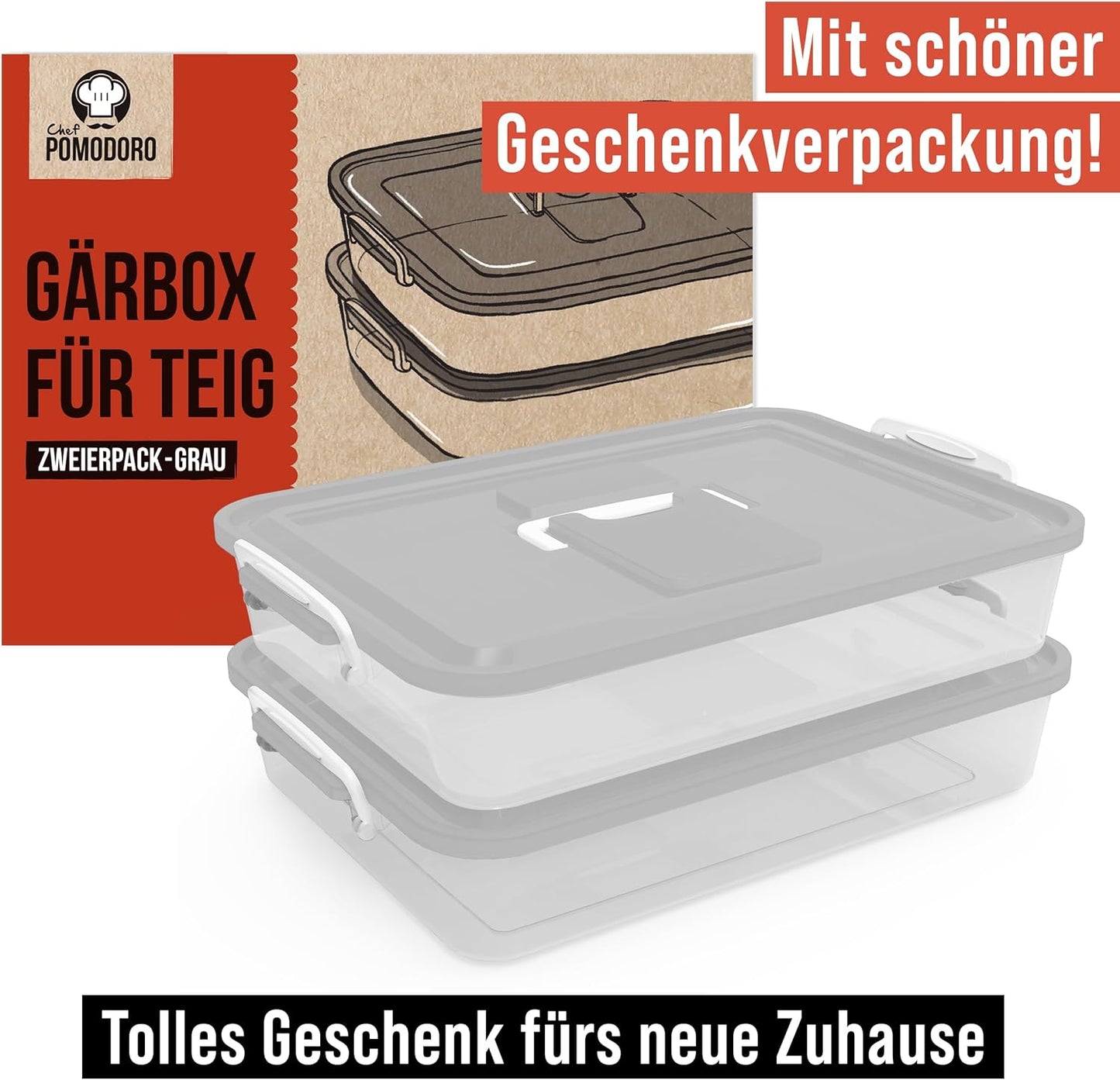 2er-Set Pizzateig-Gärboxen, Grau 14 x 11 x 3 pulgadas