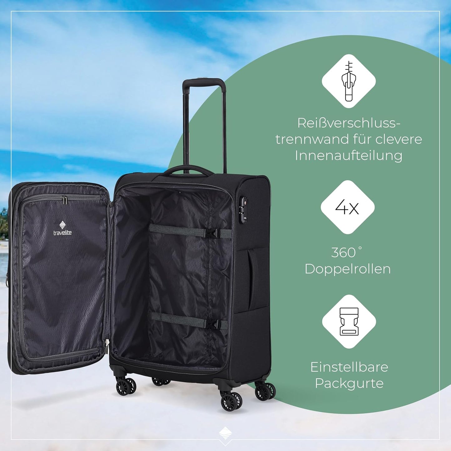 4-Rad Weichschalenkoffer Chios mit Dehnfalte, Trolley Größe M (67 cm) Schwarz