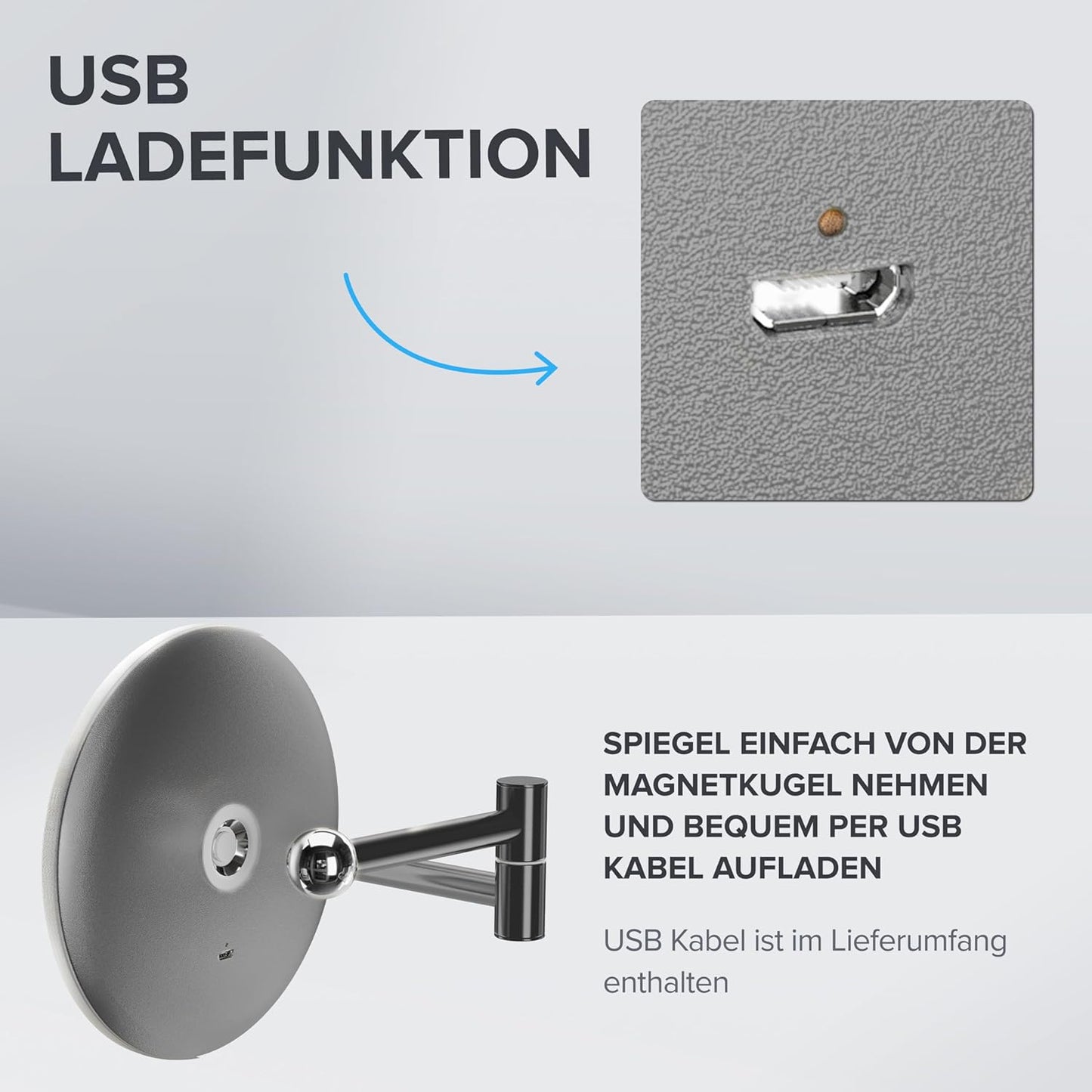 Kosmetik-Wandspiegel Ringstind mit Licht & 5-fach Vergrösserung, Gunmetal - Ohne Bohren Zum Kleben