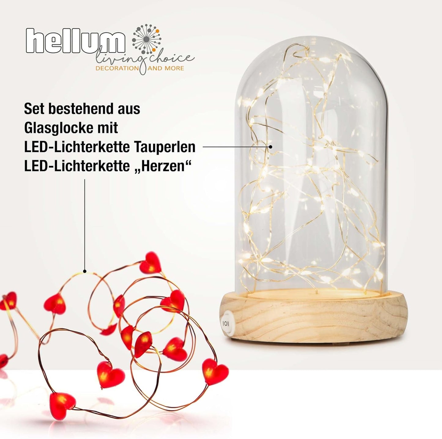 DIY Glasglocken-Set mit Herzlichterkette, 50 LEDs, Glasglocke mit Herzlichterkette Set