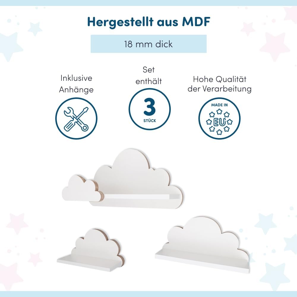 3-teiliges Wolken-Wandregal-Set für Kinderzimmer, Laguna Elegance