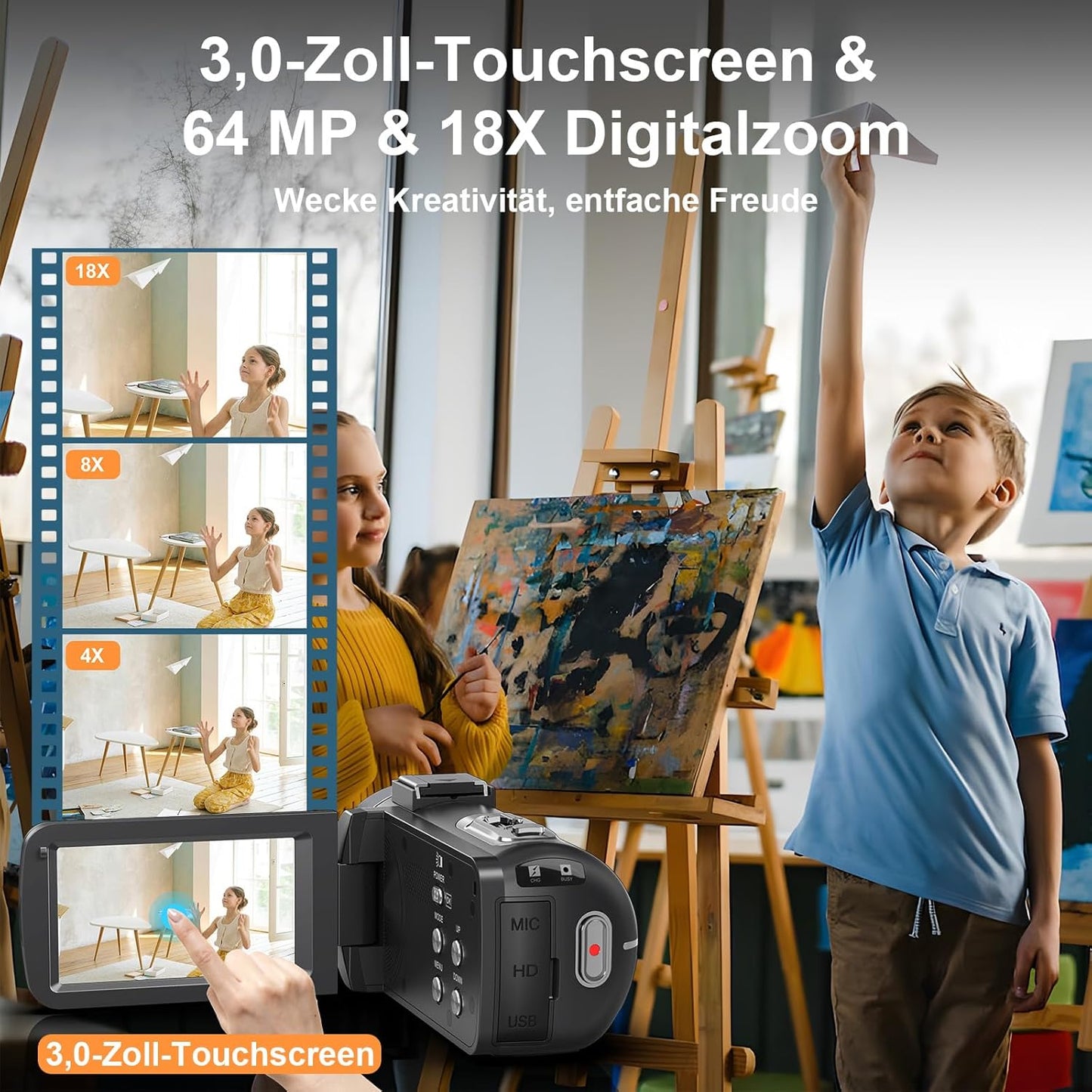 8K Vlogging Camcorder mit Nachtsicht, Mikrofon, Stabilisator und Fernbedienung, Tiefschwarz