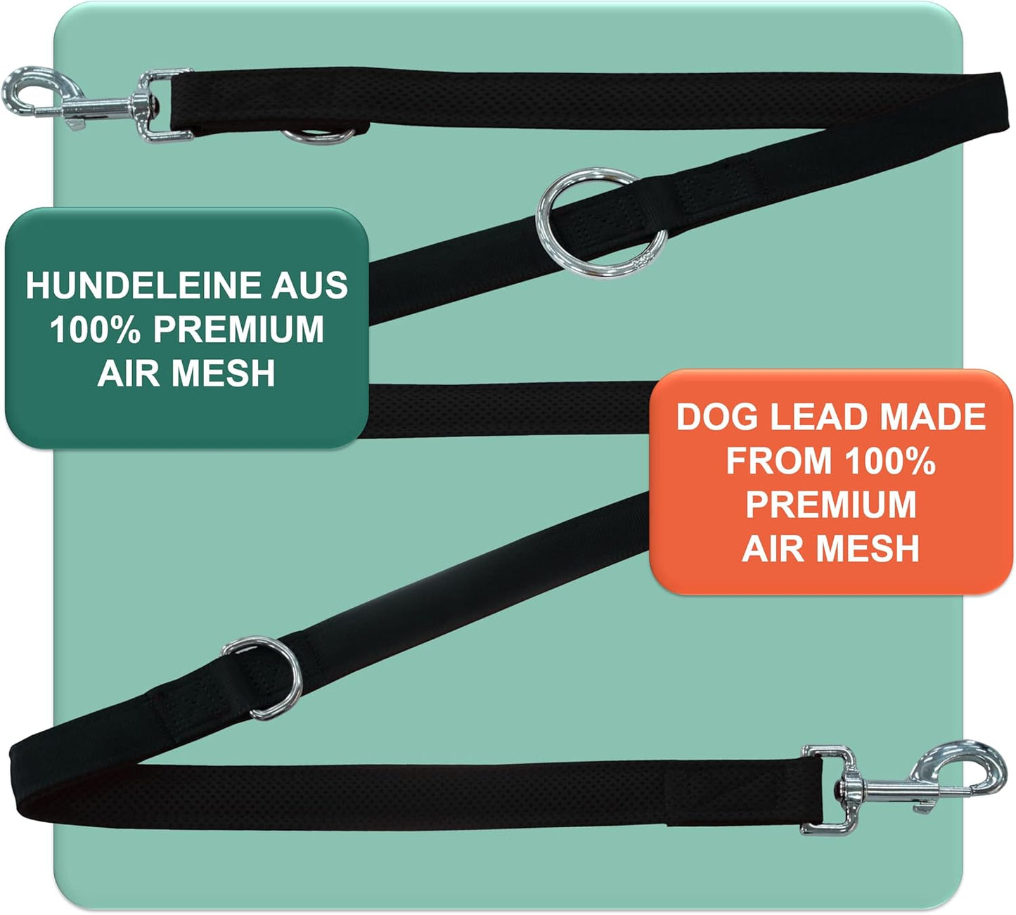 Premium Hundeleine Air Mesh 2m, 3-fach verstellbar, [S/M] - 2,0 x 200 cm Schwarz