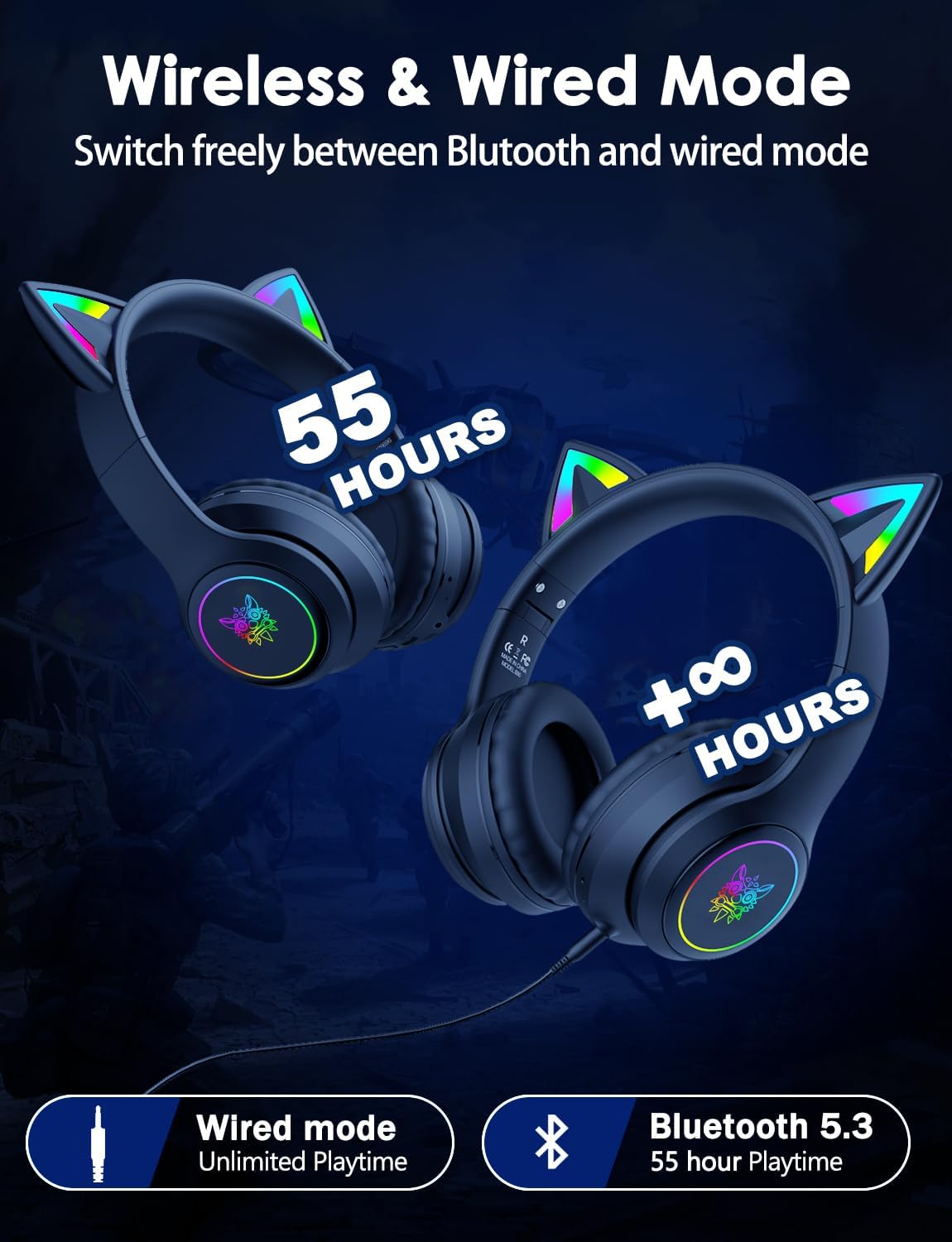 Bluetooth-Kopfhörer mit LED-Katzenohren, Cat-Ear Bluetooth