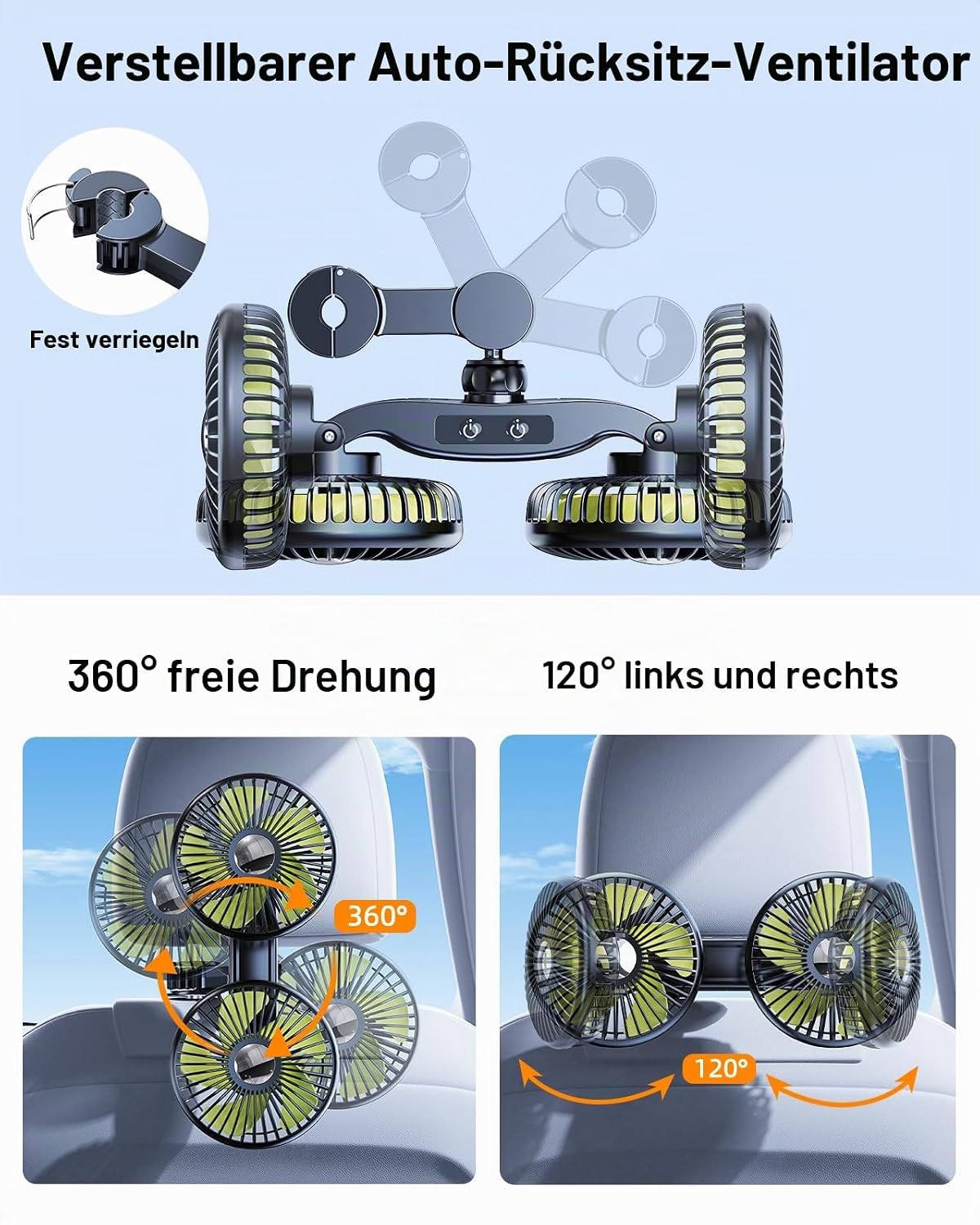 Auto-Rücksitzventilator mit einziehbarem Arm, 2000 mAh