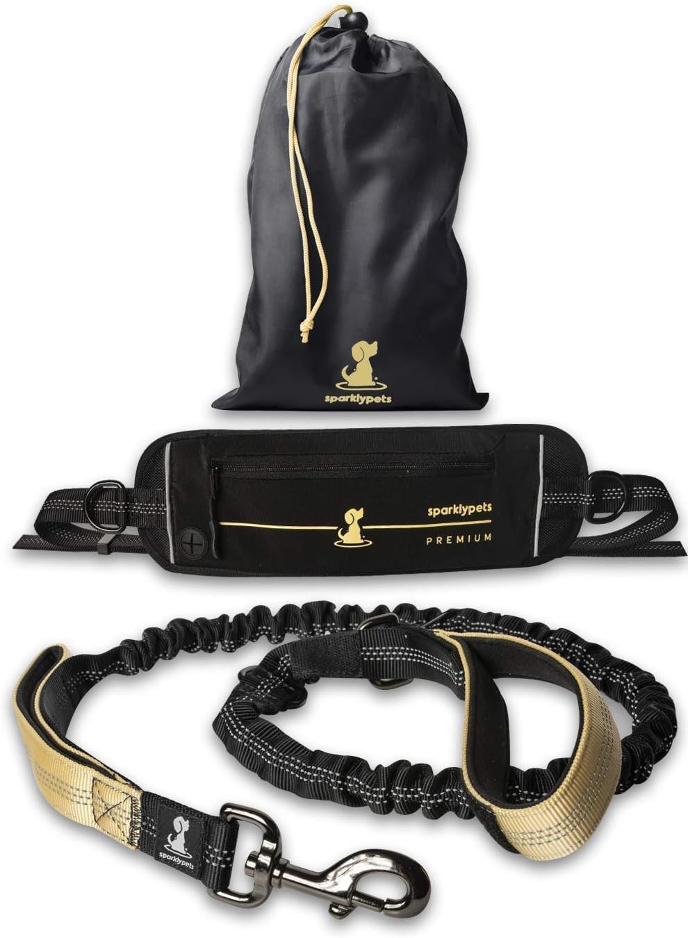 2 in 1 Joggingleine für Hunde mit Doppelgriff, Stossdämpfer und Bauchgurt, Premium-Gold Für ein Hund