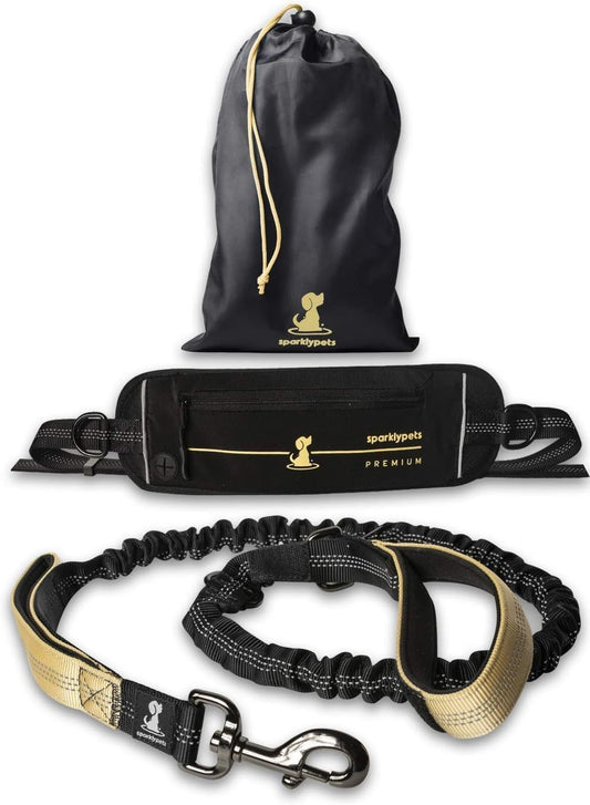 2 in 1 Joggingleine für Hunde mit Doppelgriff, Stossdämpfer und Bauchgurt, Premium-Gold Für ein Hund