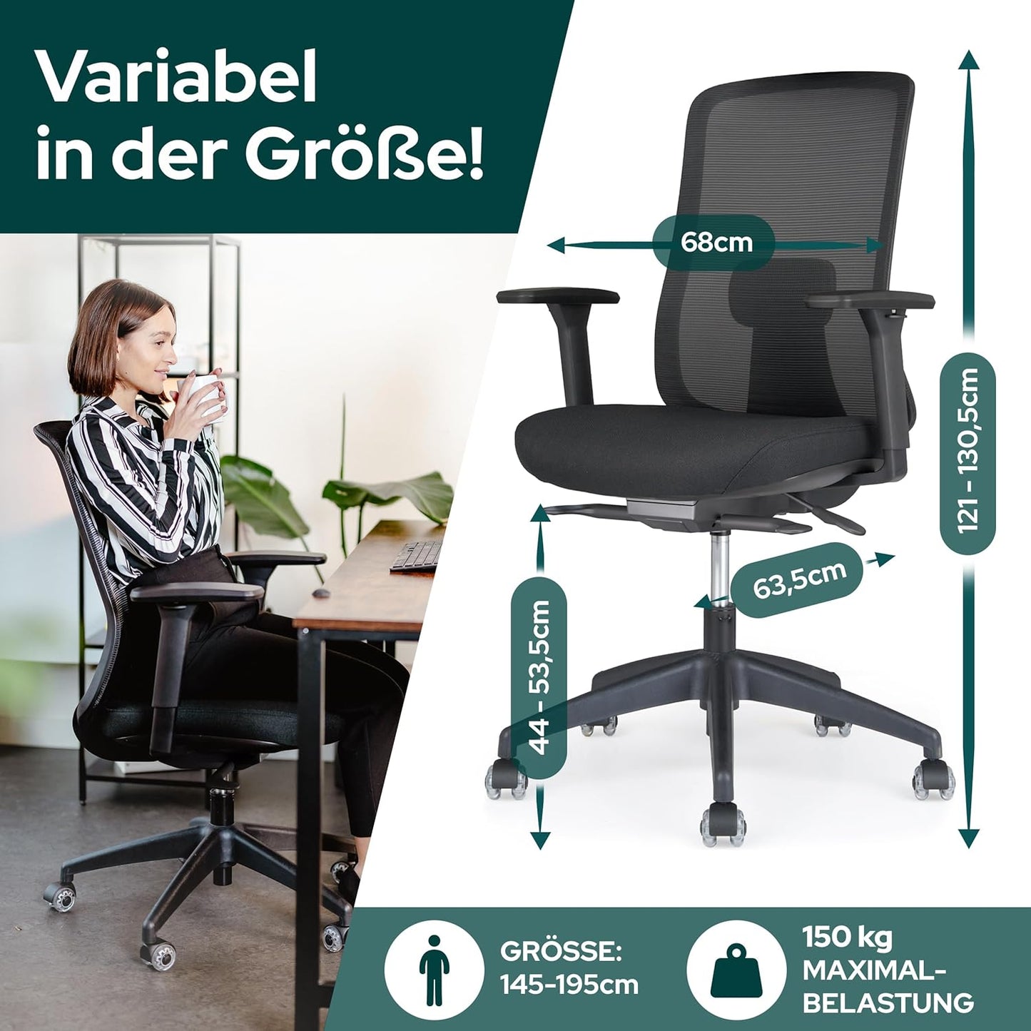 Ergonomischer Bürostuhl mit 3D Armlehnen & Lordosenstütze, Ohne Kopfstütze Schwarz / Rot