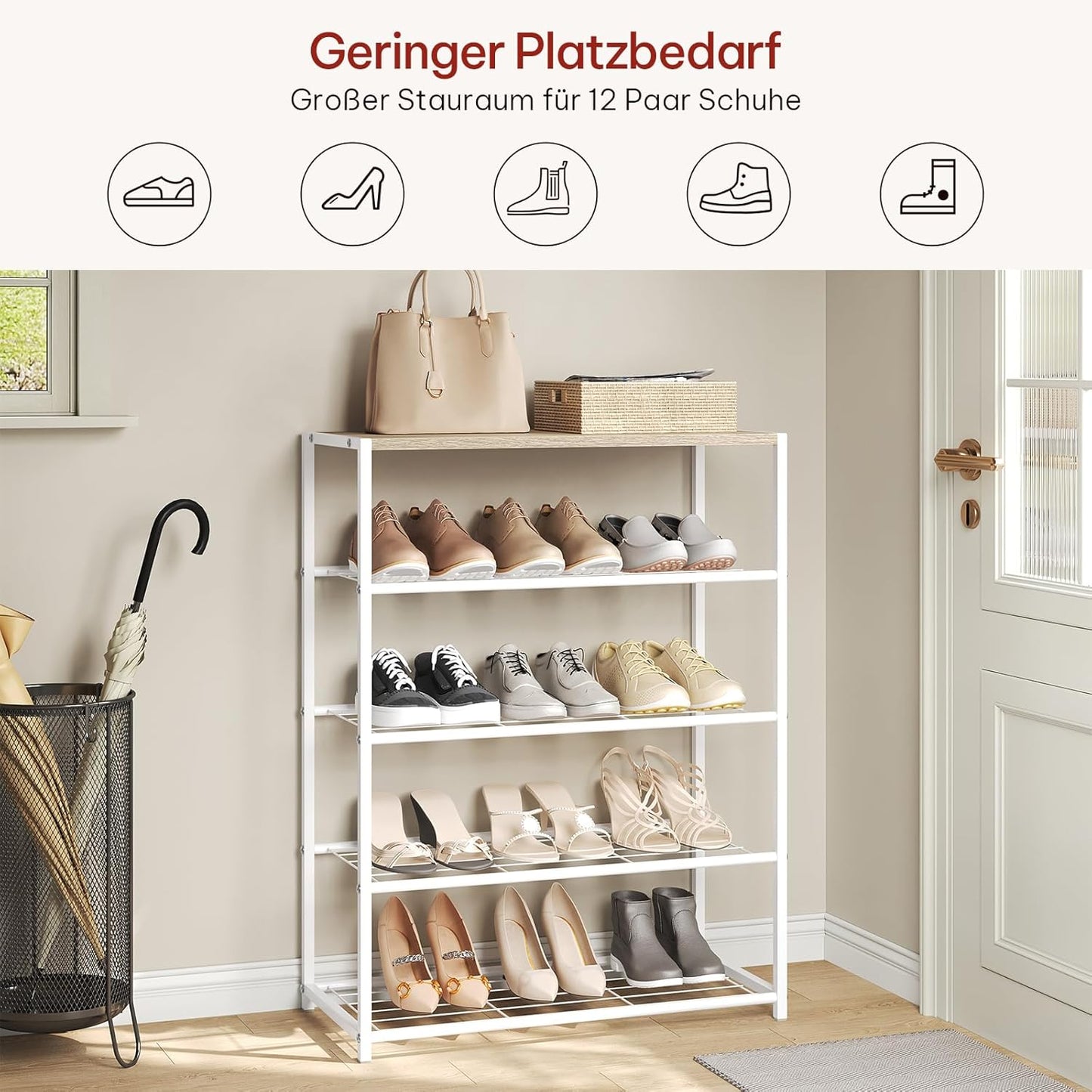 Schuhregal mit 4 Ebenen, 63 x 83 x 30 cm Helle Eiche + Weiß