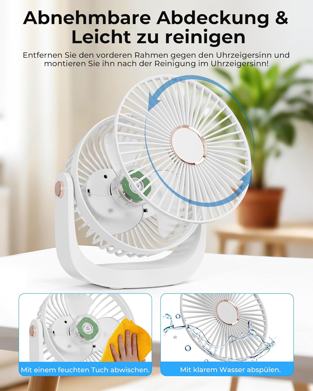 Leiser Tischventilator mit Nachtlicht und USB-Ladung, Weiss