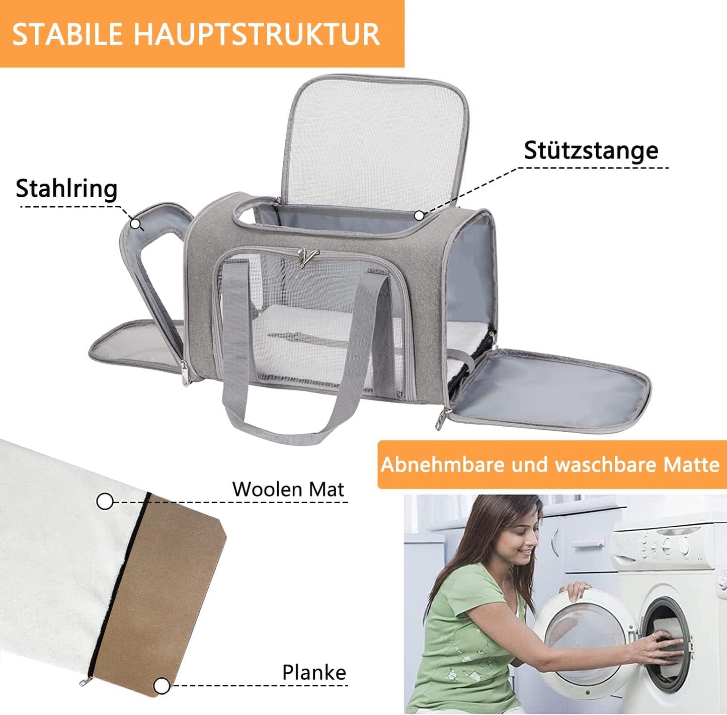 Faltbare Haustier Transporttasche bis 5kg, 43 x 28 x 28cm, Grau