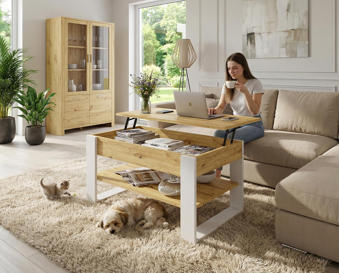 Höhenverstellbarer Couchtisch mit Stauraum, Eiche Artisan / Weiss