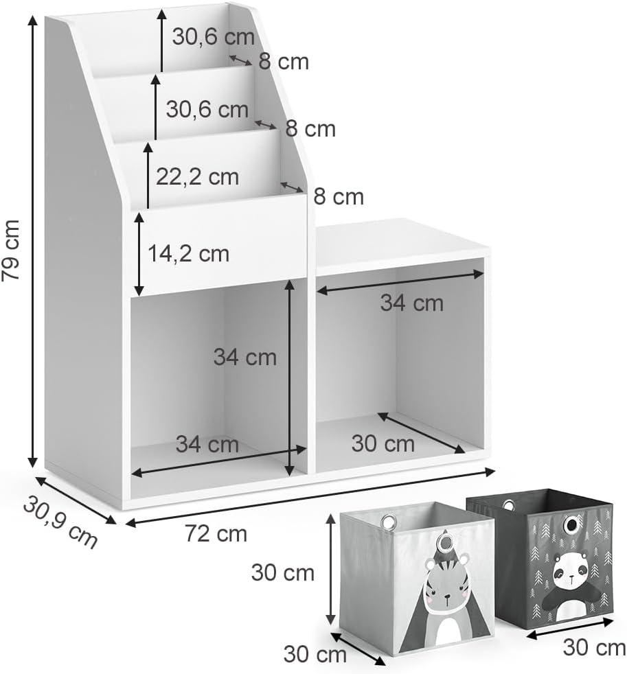 Kinderregal mit Faltboxen (Bücher & Spielzeug), Weiß mit Faltboxen Panda/Tiger